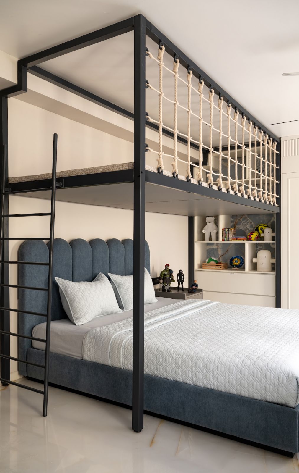 A child's bedroom of a home in Bengaluru, India, designed by Studio GSA, with nautical details
