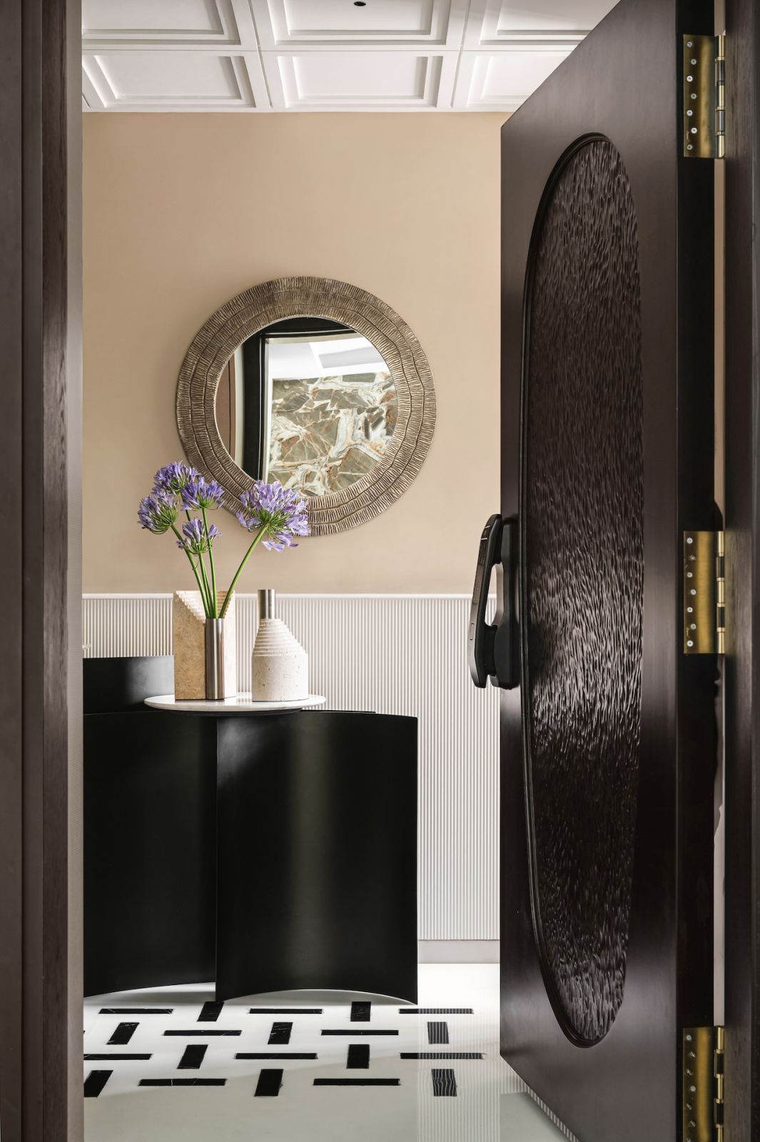 Exploring the exquisite marble details at the entryway of a home in Bengaluru, India, designed by Studio GSA