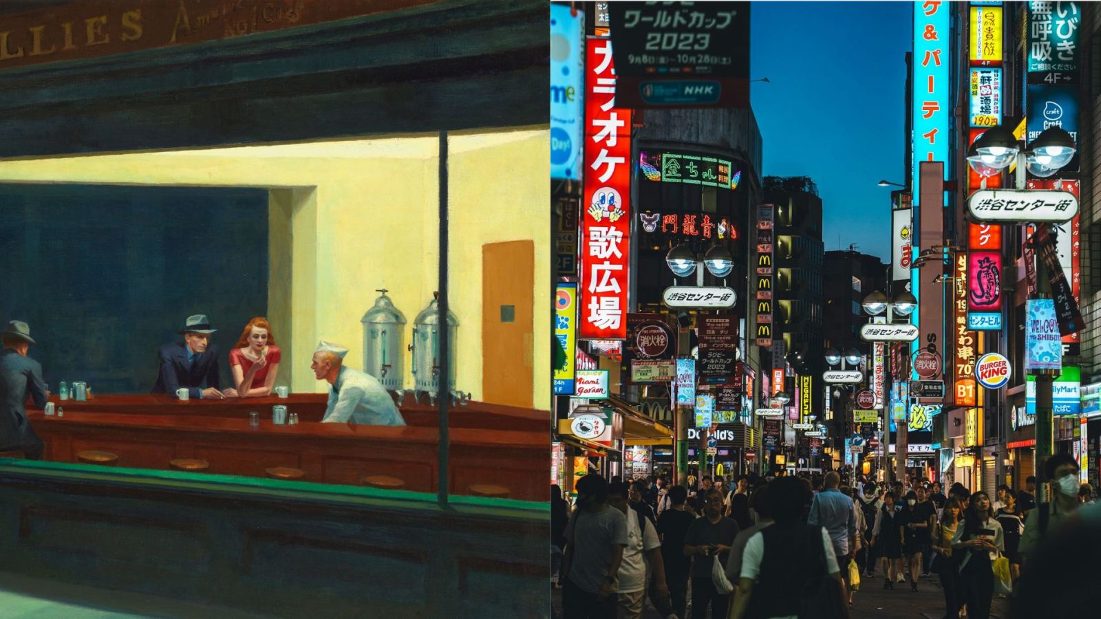 Tokyo’s late-night solitude and urban quietude capture the mood of Hopper’s iconic ‘Nighthawks’ scene.
