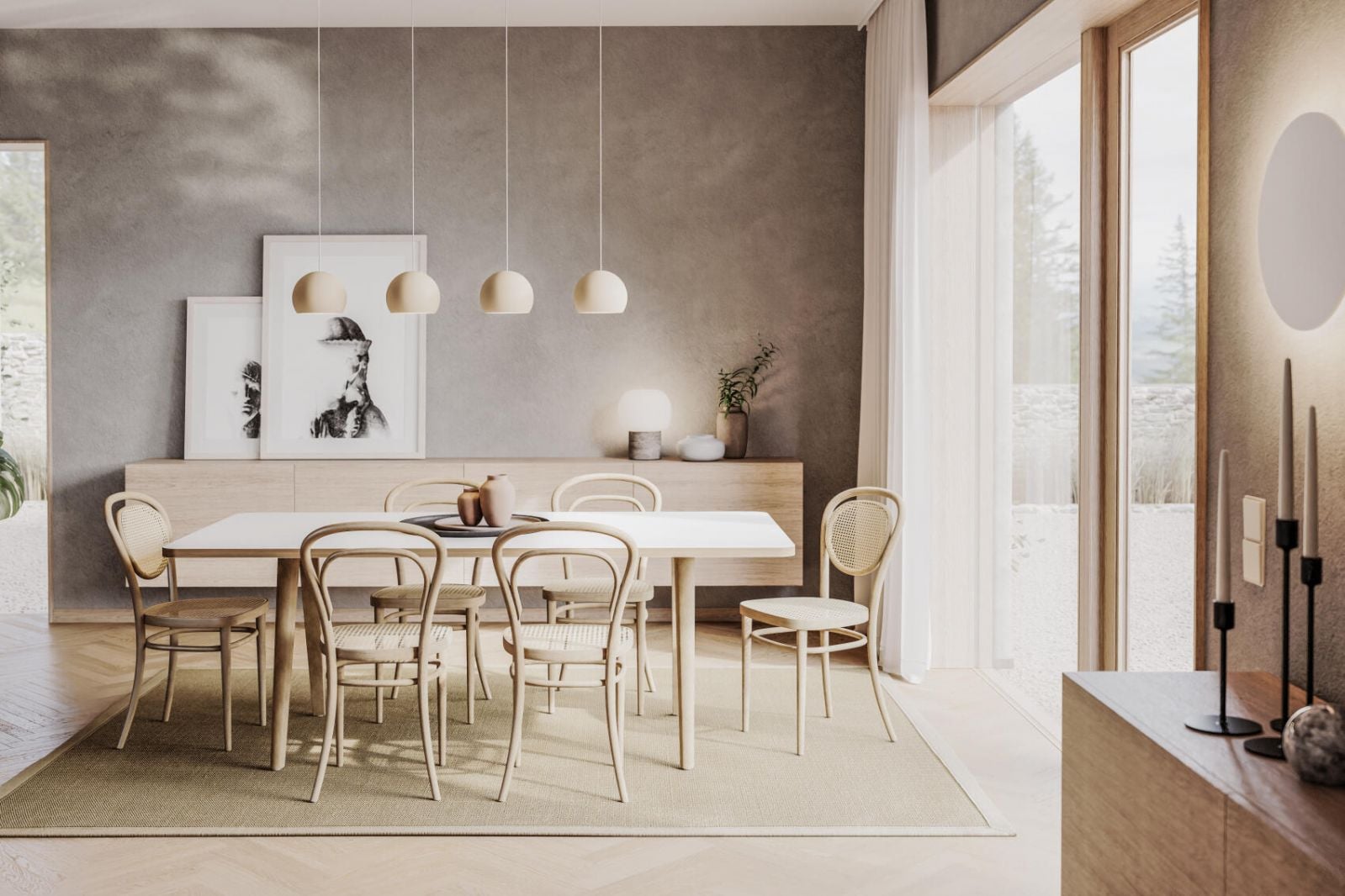 A serene modern dining room featuring Thonet’s classic bentwood chairs in a natural finish, highlighting their timeless elegance and versatility in contemporary home interiors (Photo: Thonet)