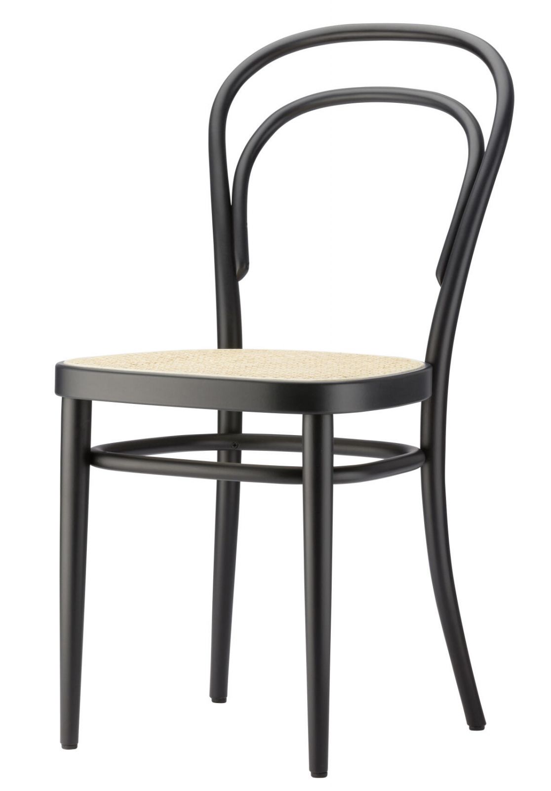 Thonet Chair No. 214 in matte black with a cane seat—showcasing the chair’s signature steam-bent curves and lightweight construction (Photo: Thonet)