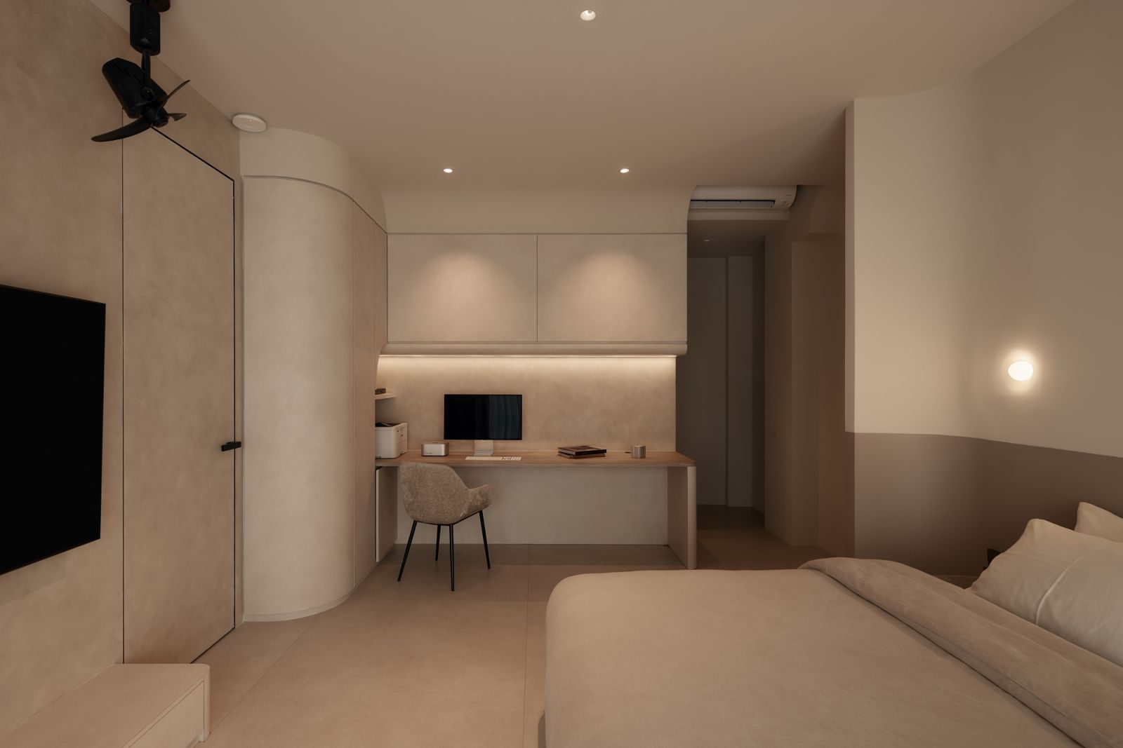 Soft lighting and clean-lined joinery establish a serene, distraction-free zone for focused work and creative flow