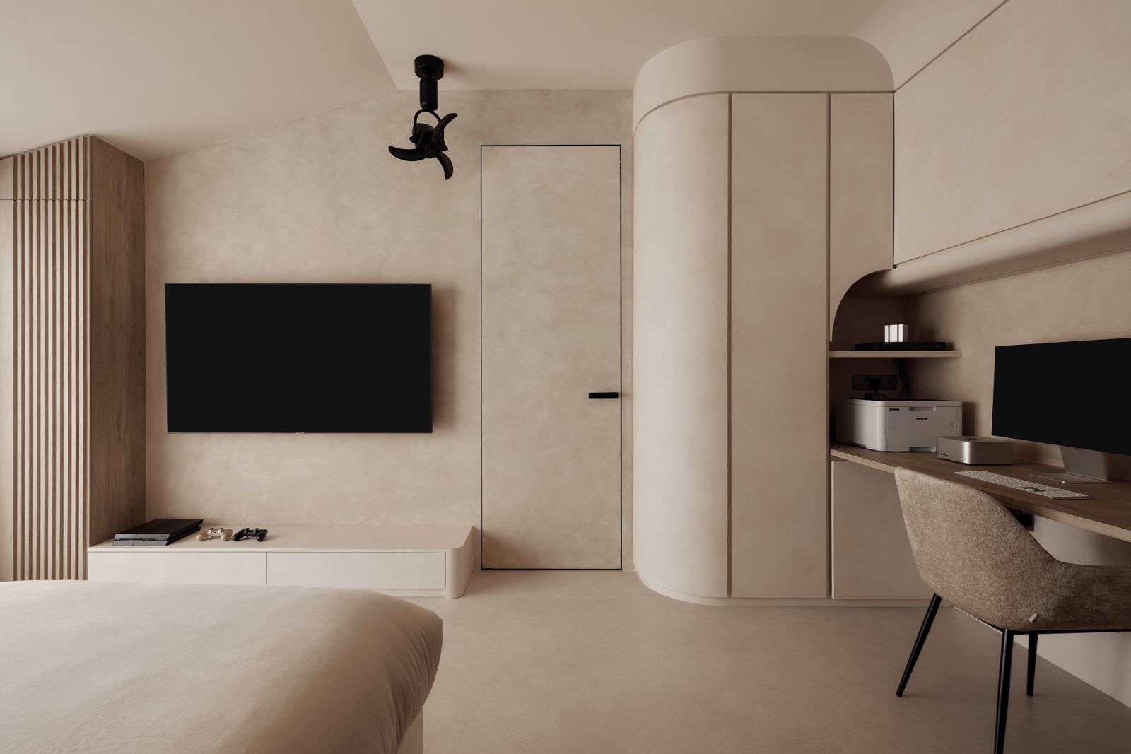 The bedroom’s organic curves are echoed in a custom study nook, complete with integrated cabinetry and a recessed workstation