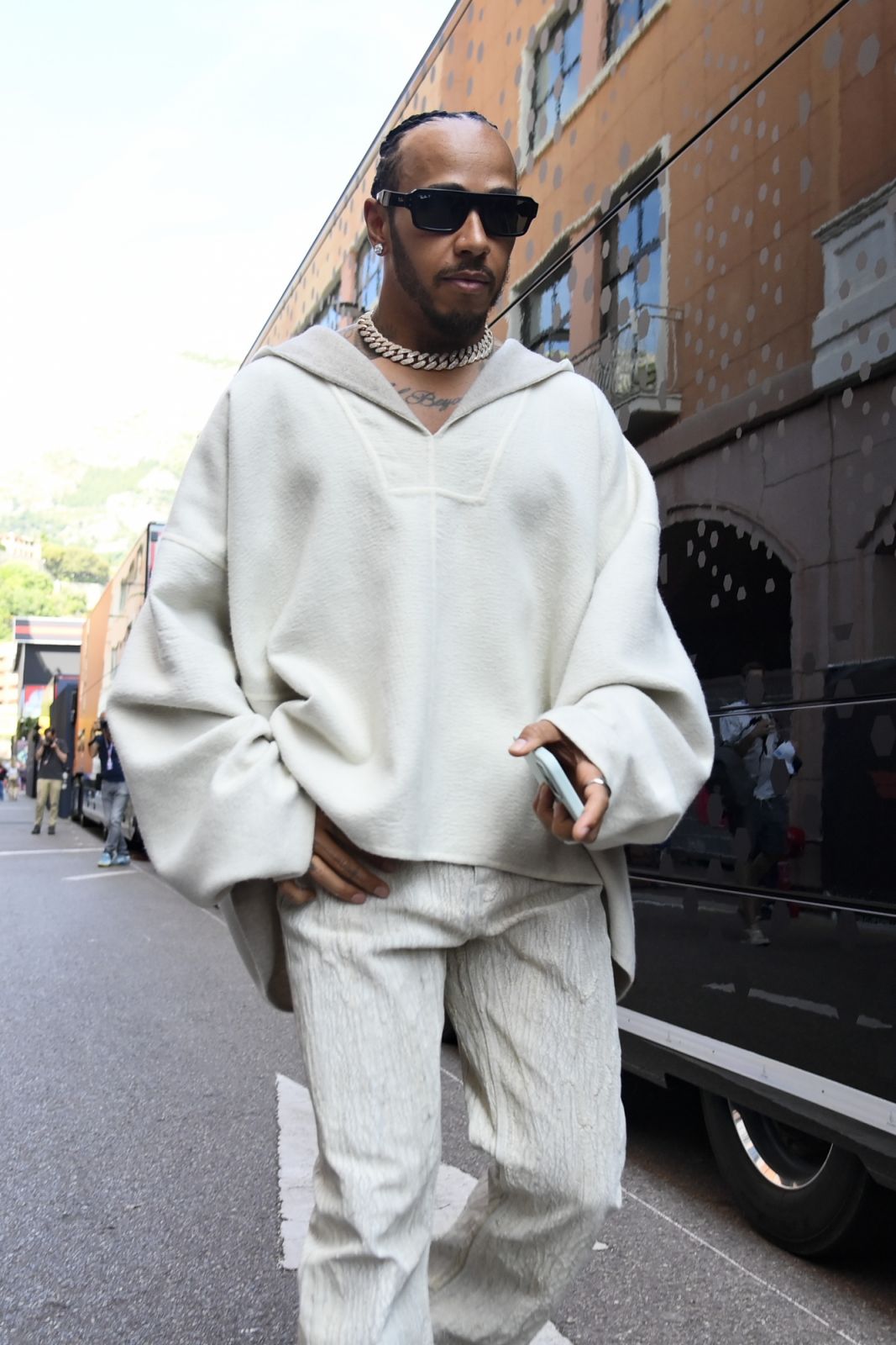 Lewis Hamilton wears a Rick Owens hoodie and trousers to the F1 Grand Prix of Monaco (Photo: Stefano Guidi/GC Images)