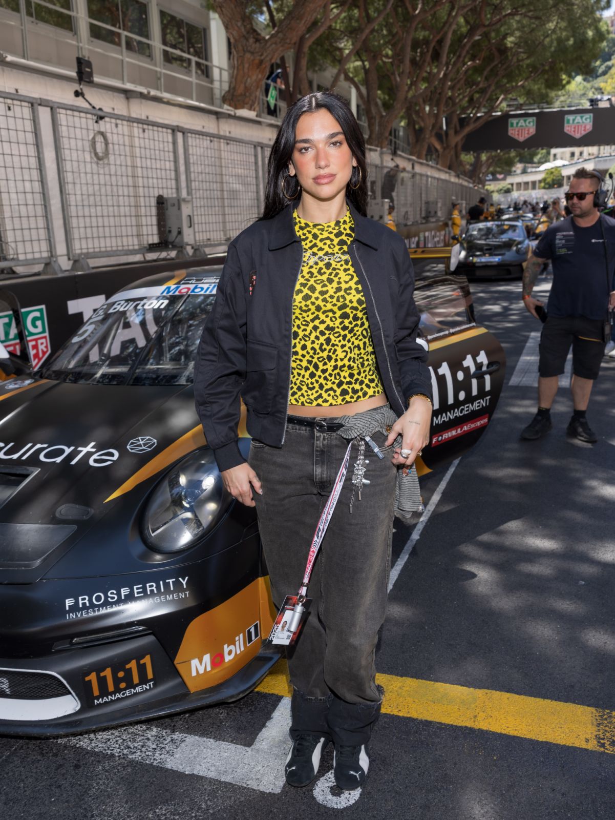 Dua Lipa wears a Coperni leopard-print top, Puma jacket and Puma sneakers to the 2025 F1 Grand Prix Of Monaco (Photo: Arnold Jerocki/FilmMagic via Getty Images)