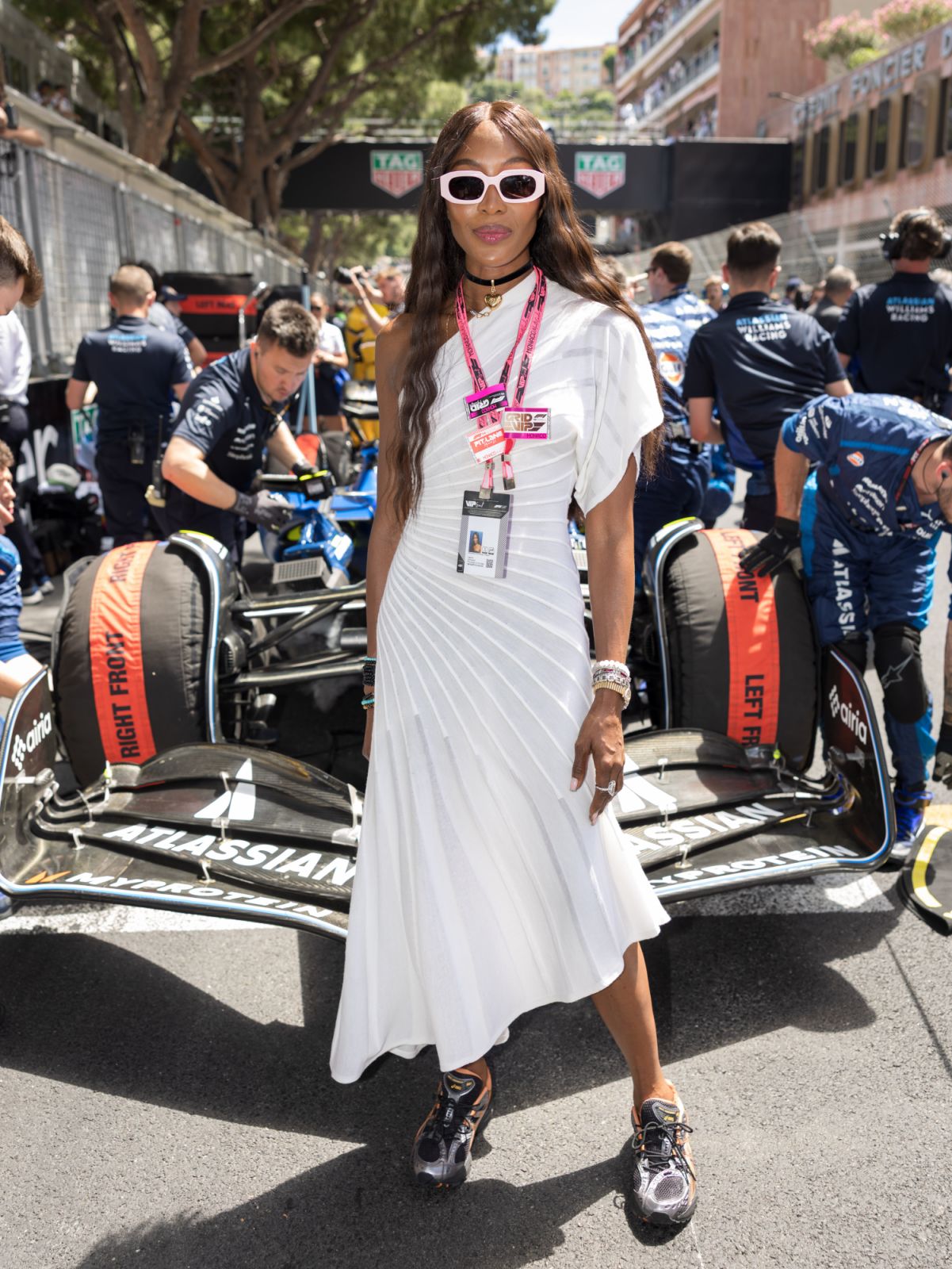 Naomi Campbell wears a white Alaïa dress to the F1 Grand Prix Of Monaco (Photo: Arnold Jerocki/FilmMagic via Getty Images)
