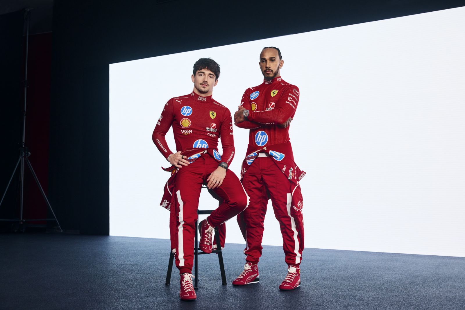 Ferrari’s Formula 1 drivers Charles Leclerc and Lewis Hamilton wearing the RM 43-01 Tourbillon Split-Seconds Chronograph Ferrari