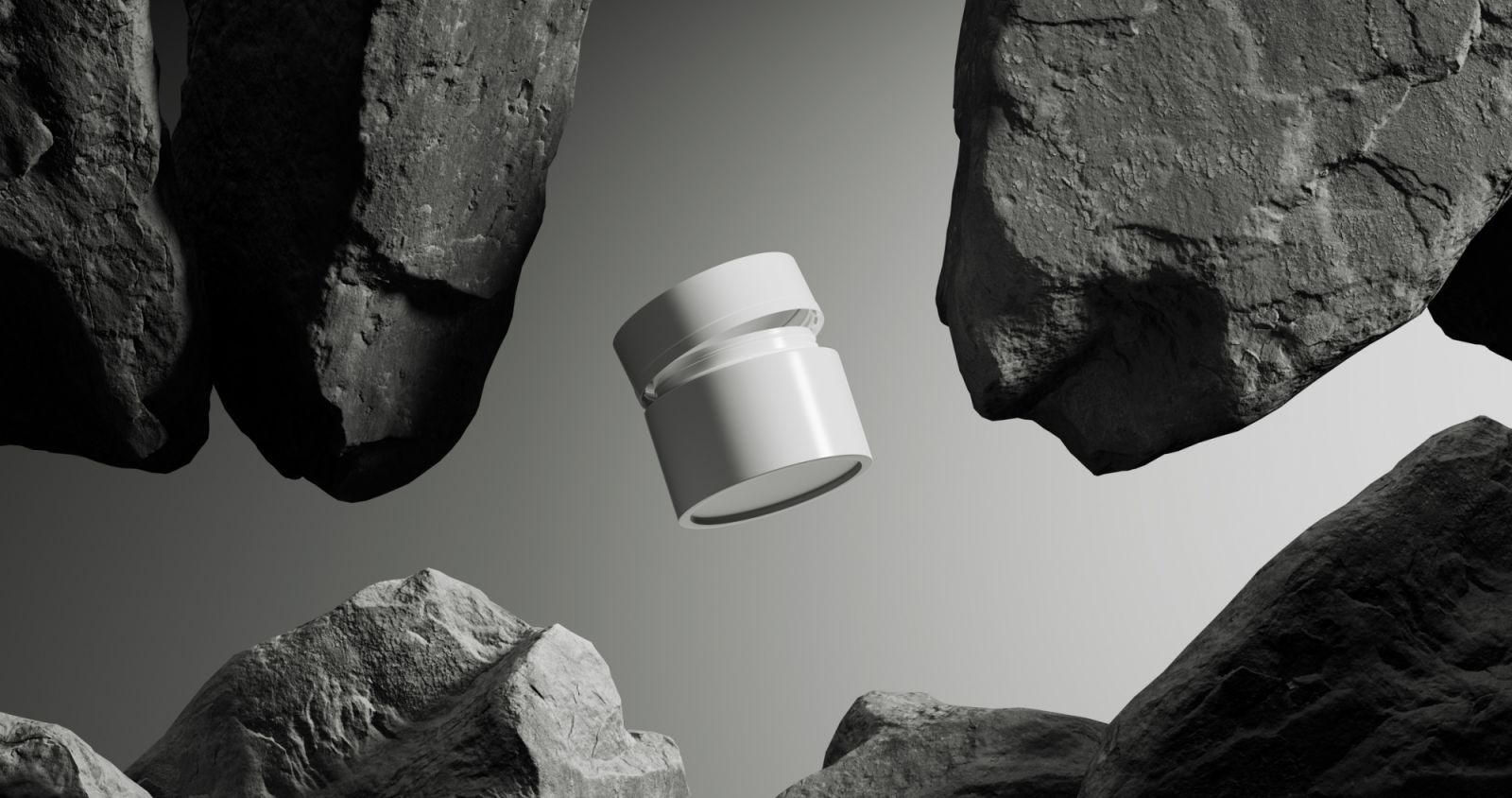 Suspended mid-air, the sleek jar contrasts with the jagged, shadowed stone formations.