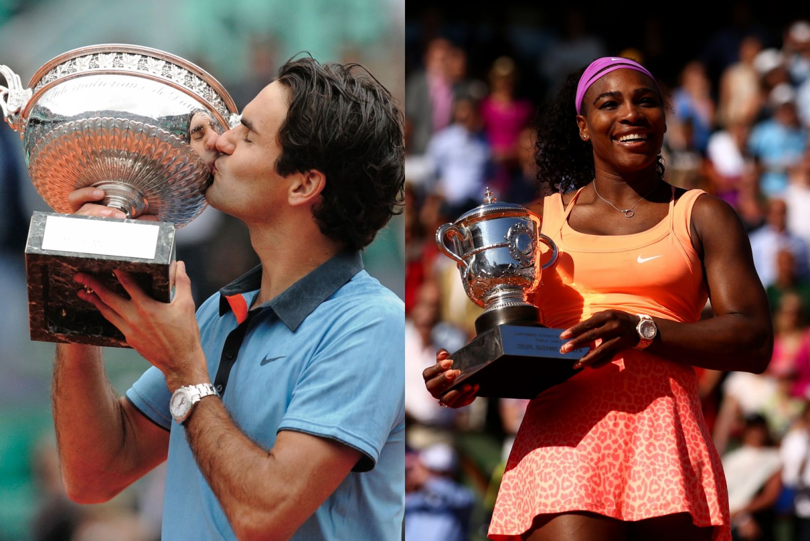 Tennis greats Roger Federer and Serena Williams claiming victory at the French Open (Photos, from left: Rolex; Dan Istitene/Getty Images)