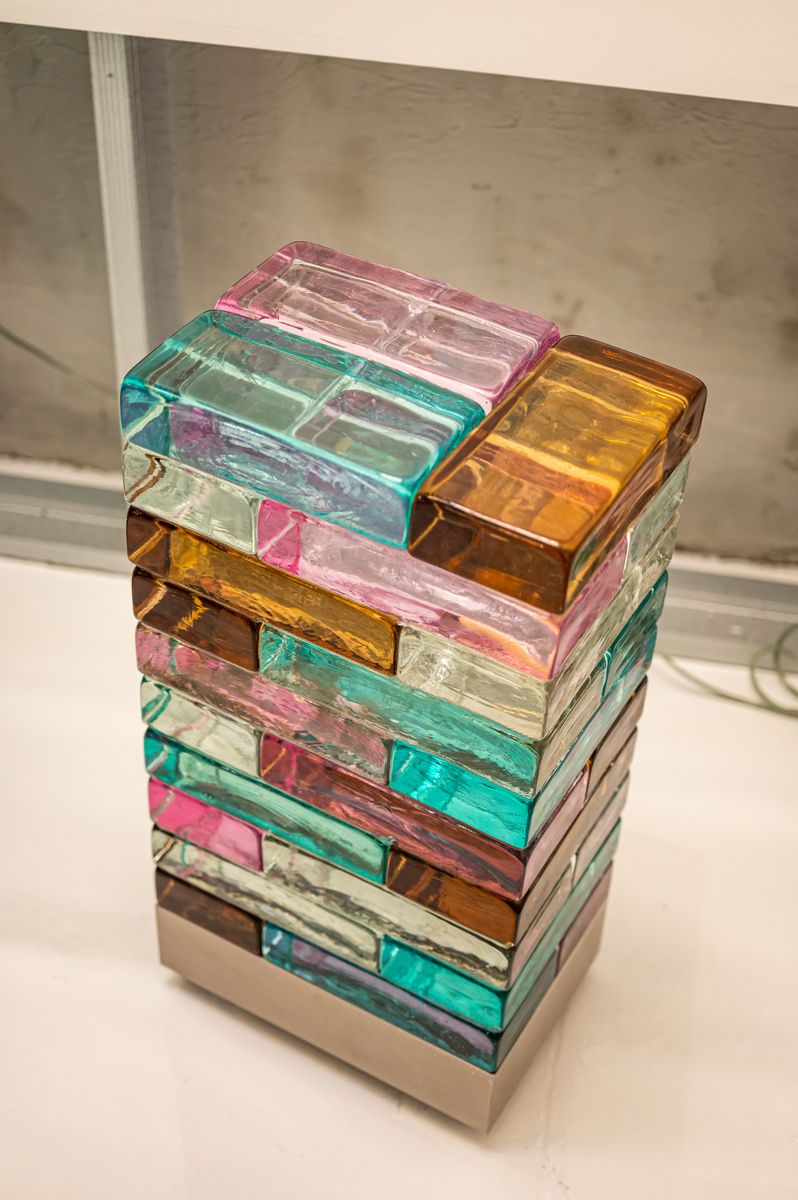 A display pedestal made from Ornate+ glass bricks at Sol Luminaire