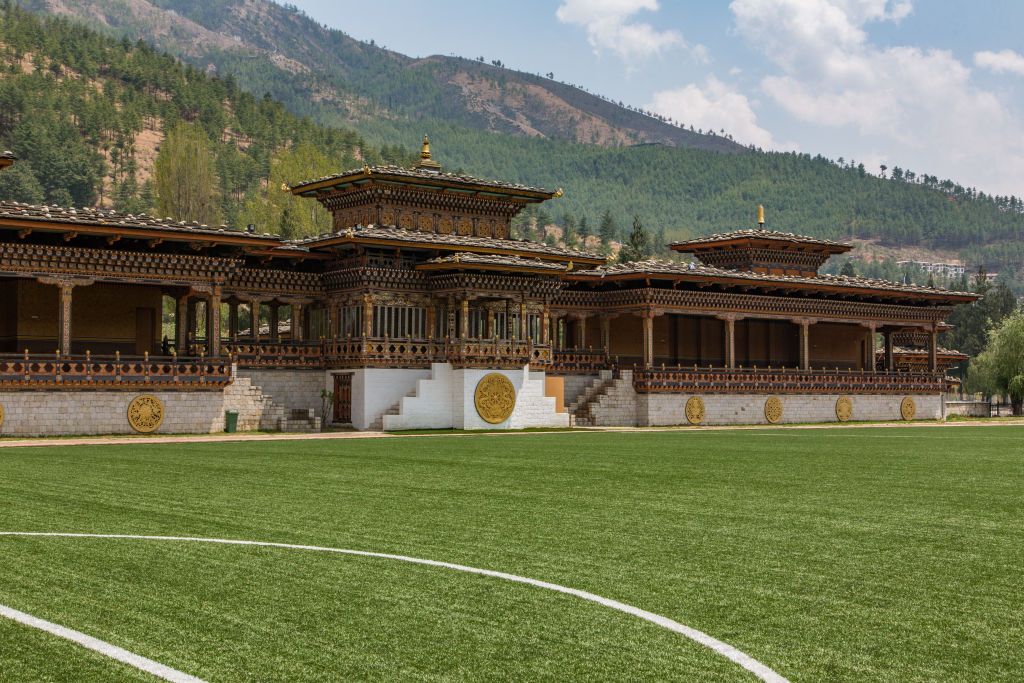 The soccer field, VIP seating and King's Box of the Changlimithang Stadium, the national stadium of Bhutan. (Photo by: Jon G. Fuller/VW Pics /Universal Images Group via Getty Images)