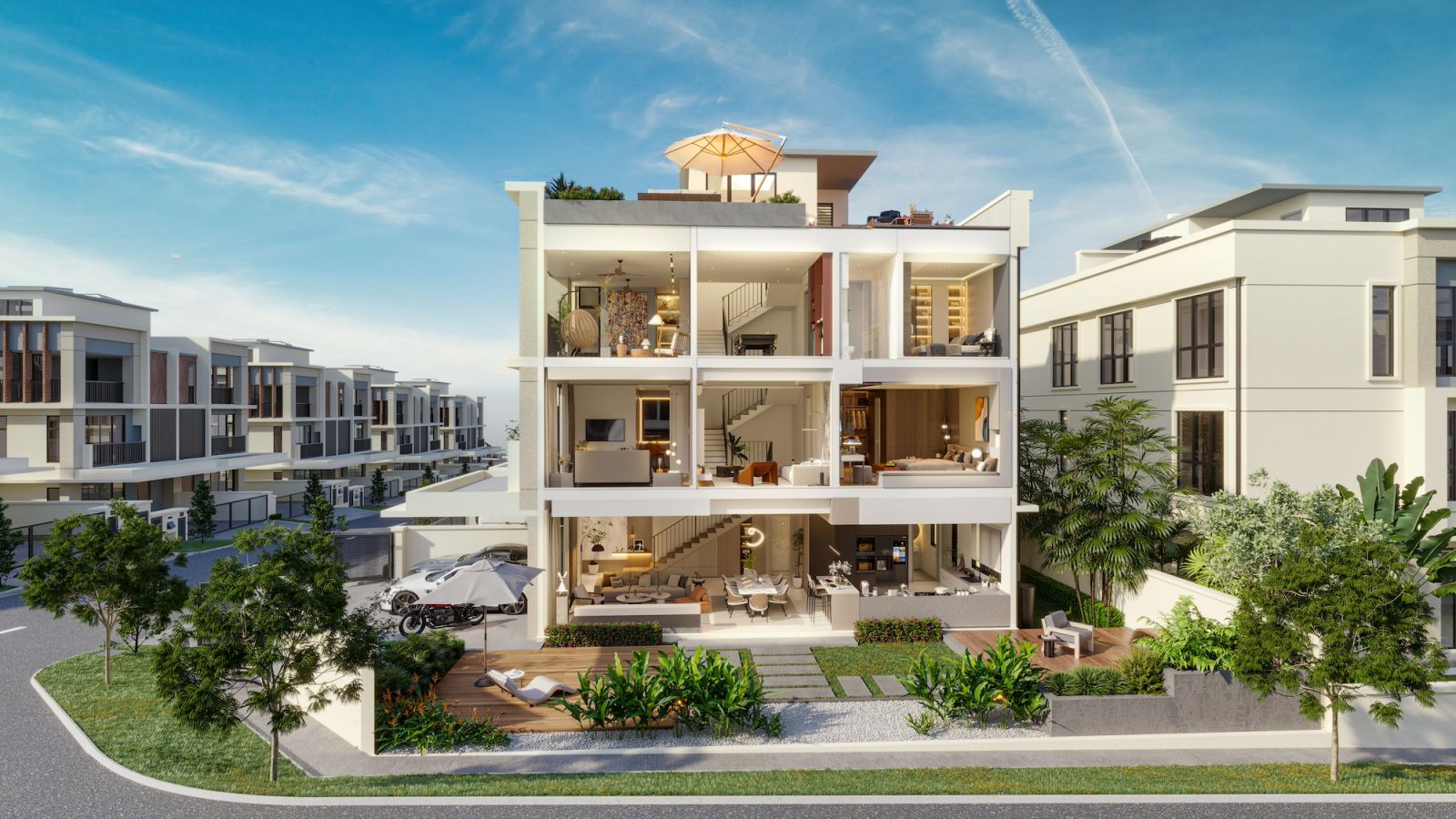 A cutaway view reveals the three-storey layout of Erica Residence homes, highlighting dual master suites tailored for multigenerational living and flat rooftops ready for optional solar panel installation or rooftop gardening—features that reflect the development’s forward-thinking, sustainable design