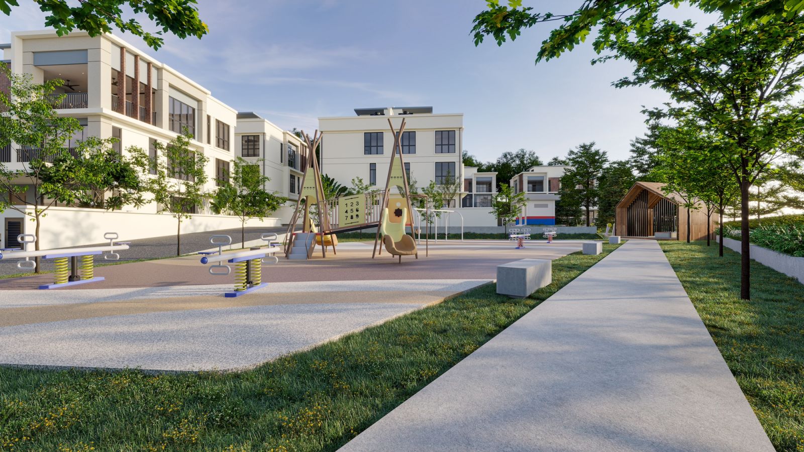 The central landscaped park at Erica Residence features children’s playgrounds within landscaped greenery for natural cooling, a half basketball court, and pavilions that create community gathering spaces