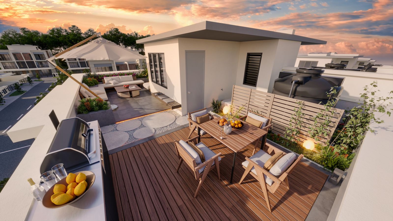 The rooftop SkyDeck serves as both a private outdoor retreat and functional space for solar panel installation, featuring natural materials and greenery that extend the home's environmental benefits to outdoor living areas