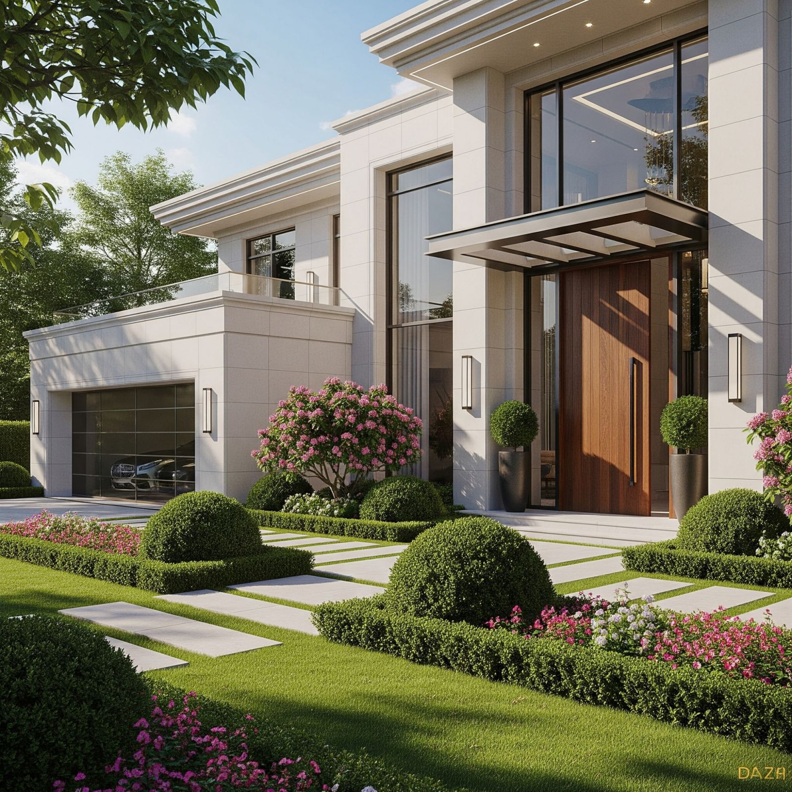 A grand entrance and expansive garage define a luxurious modern villa