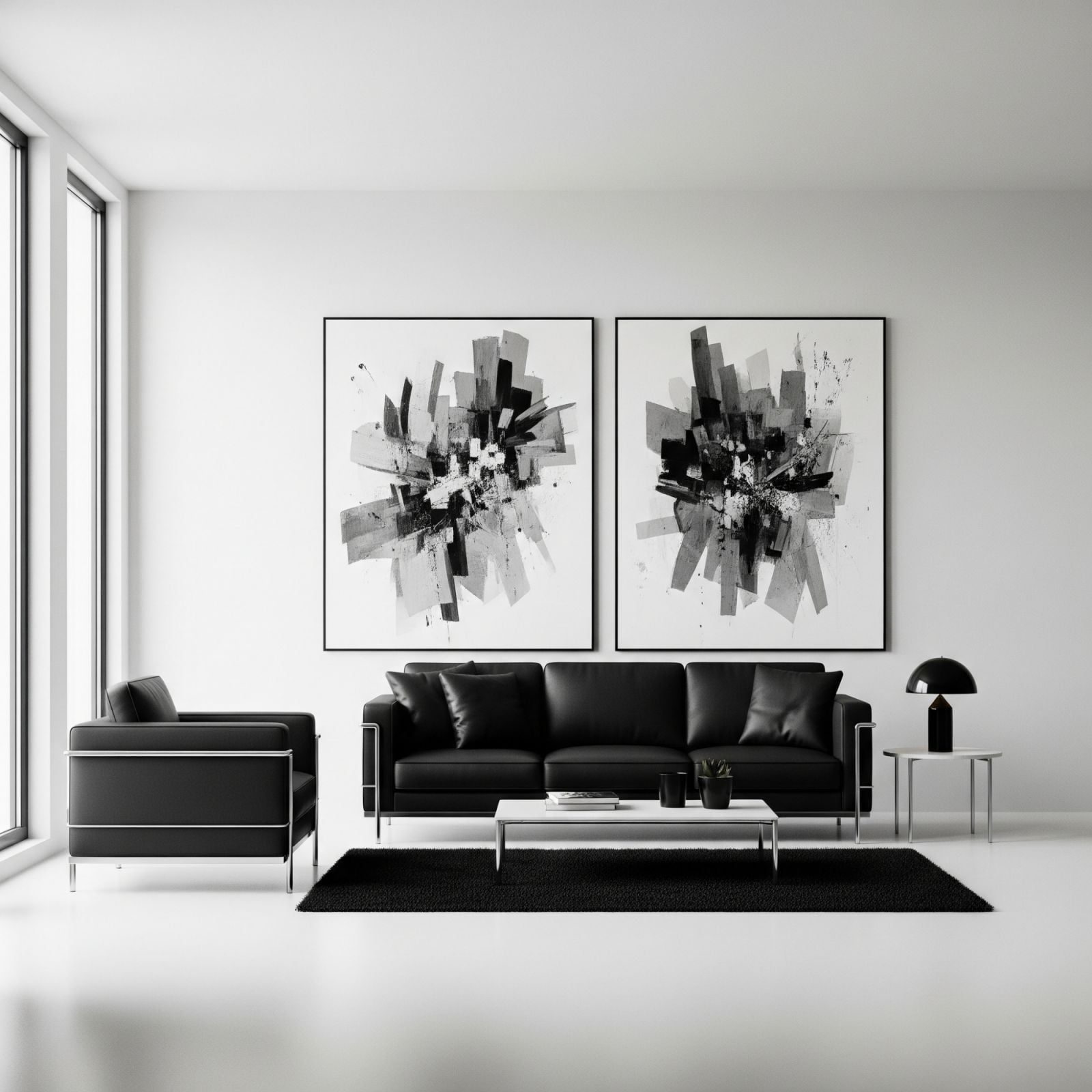 An ultra-minimalist luxury living room features designer leather furniture and a commanding art piece