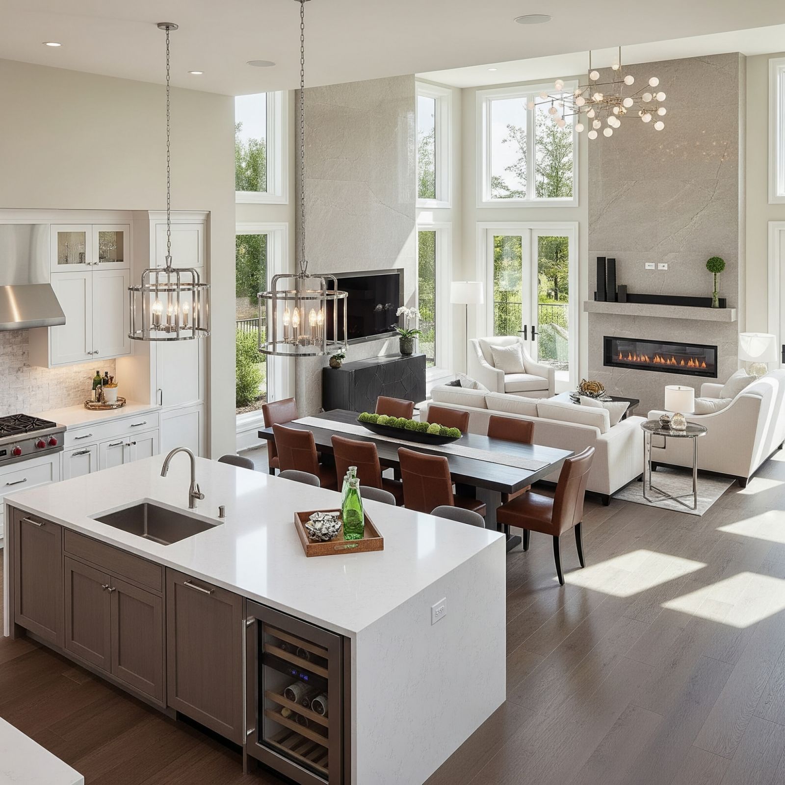 An expansive open-concept layout integrates kitchen, dining, and lounge for seamless entertaining