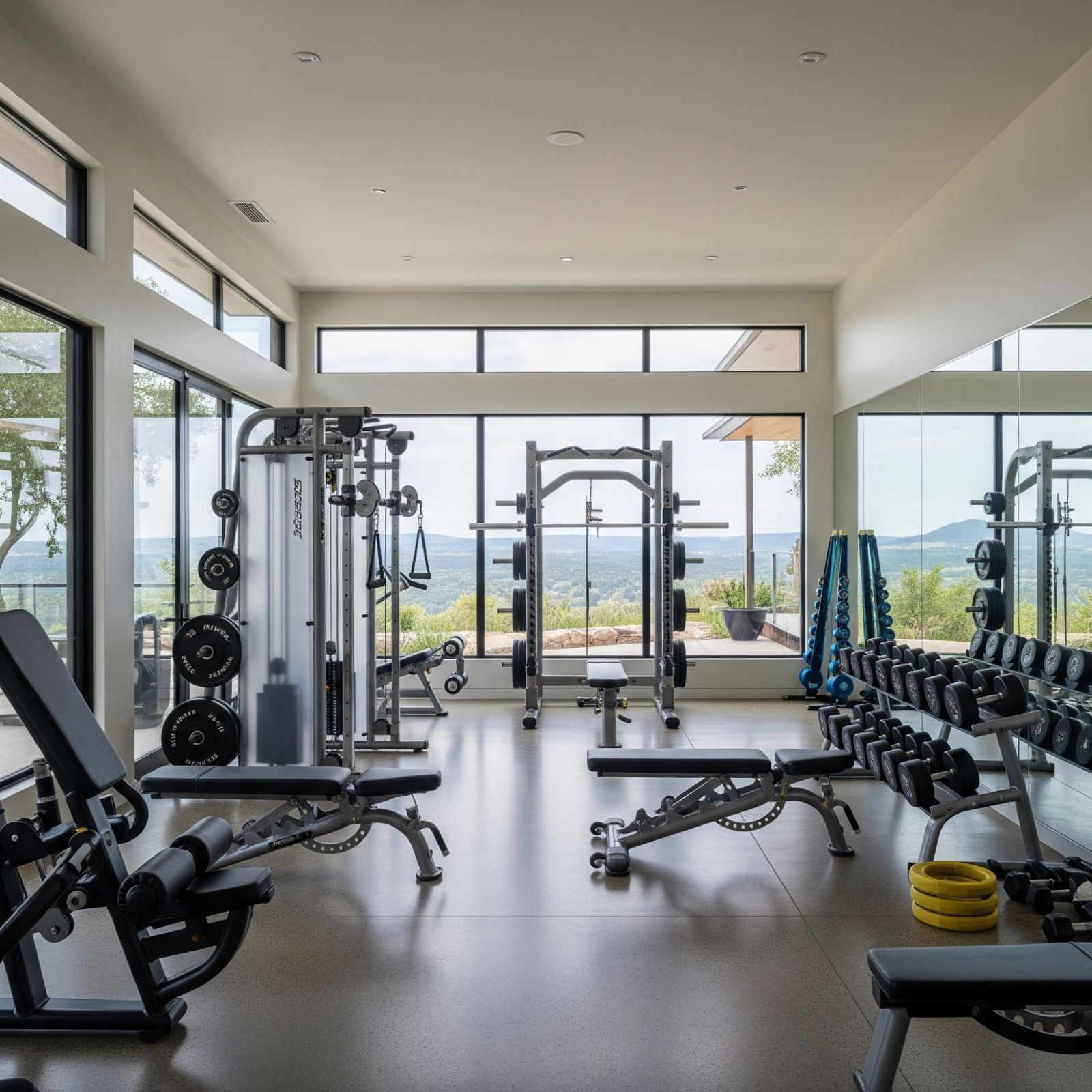 A state-of-the-art home gym boasts panoramic views and professional-grade equipment