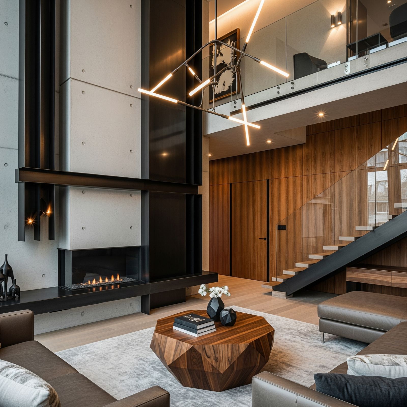 Polished concrete, dark metals, and rich wood create a sophisticated, industrial-chic interior