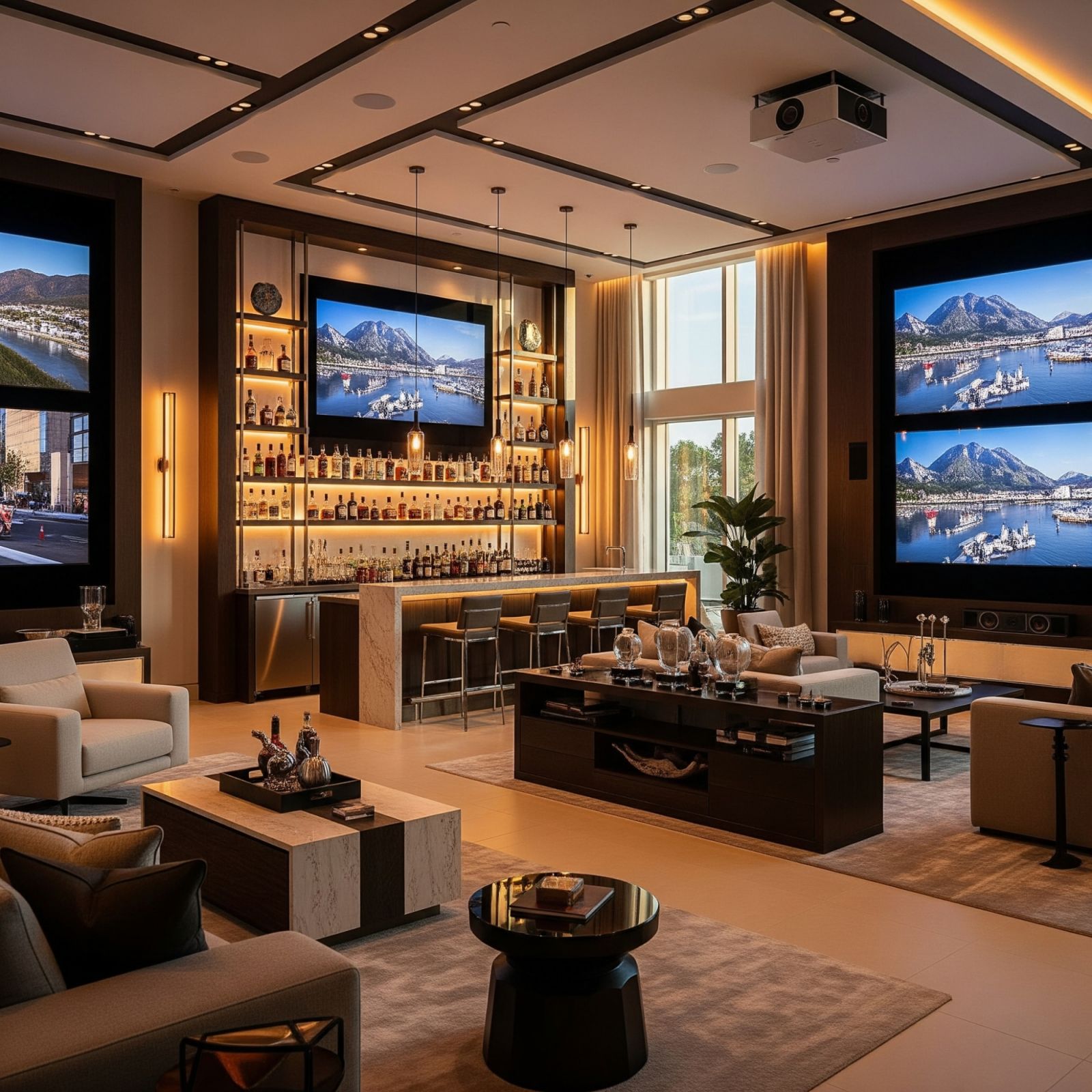 A high-end home bar with multiple screens and a premium sound system for ultimate entertainment