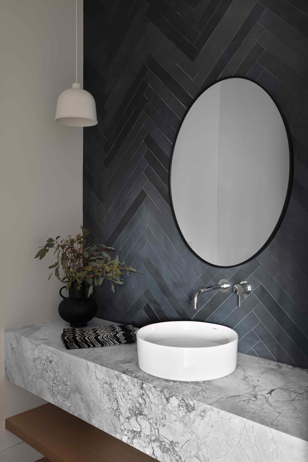 A blend of natural materials with modern, sleek lines
