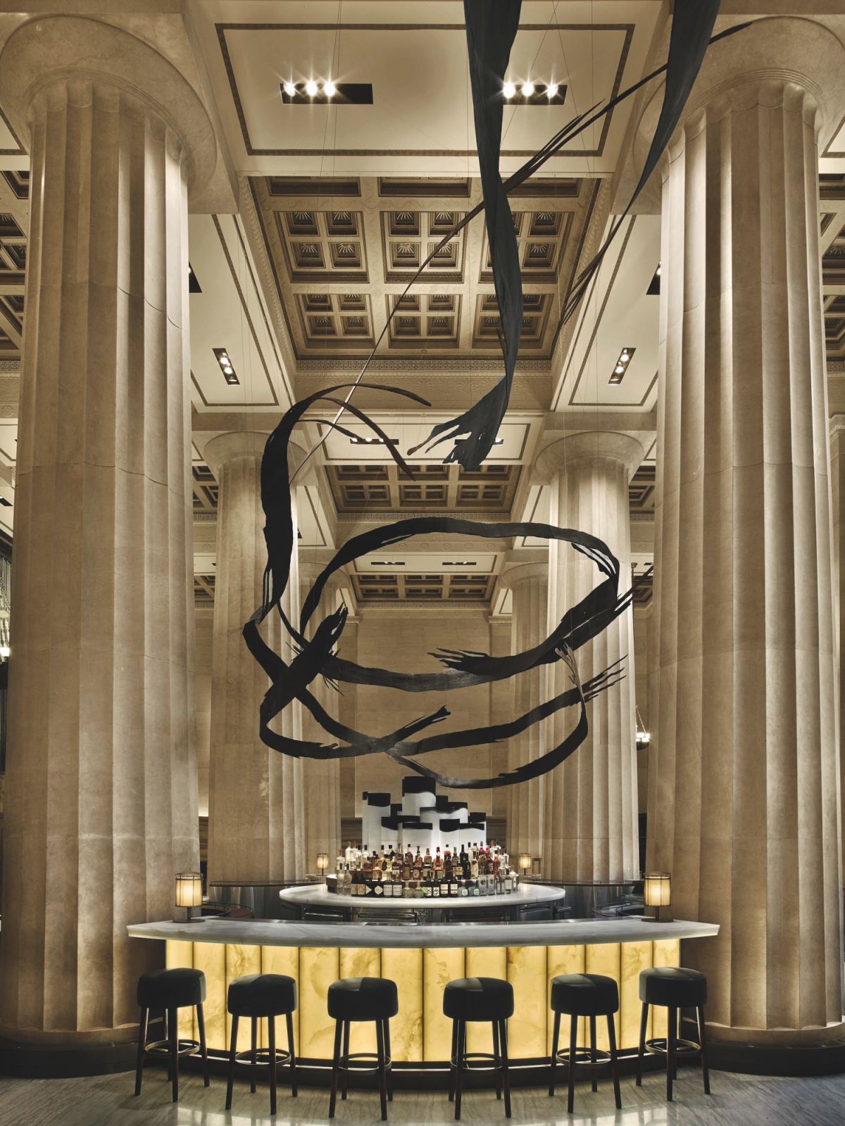 For Nobu NYC Downtown, Rockwell worked with John Houshmand to realise a monumental ash wood sculpture depicting a swirl of watery sumi-e ink (Photo: Eric Laignel)