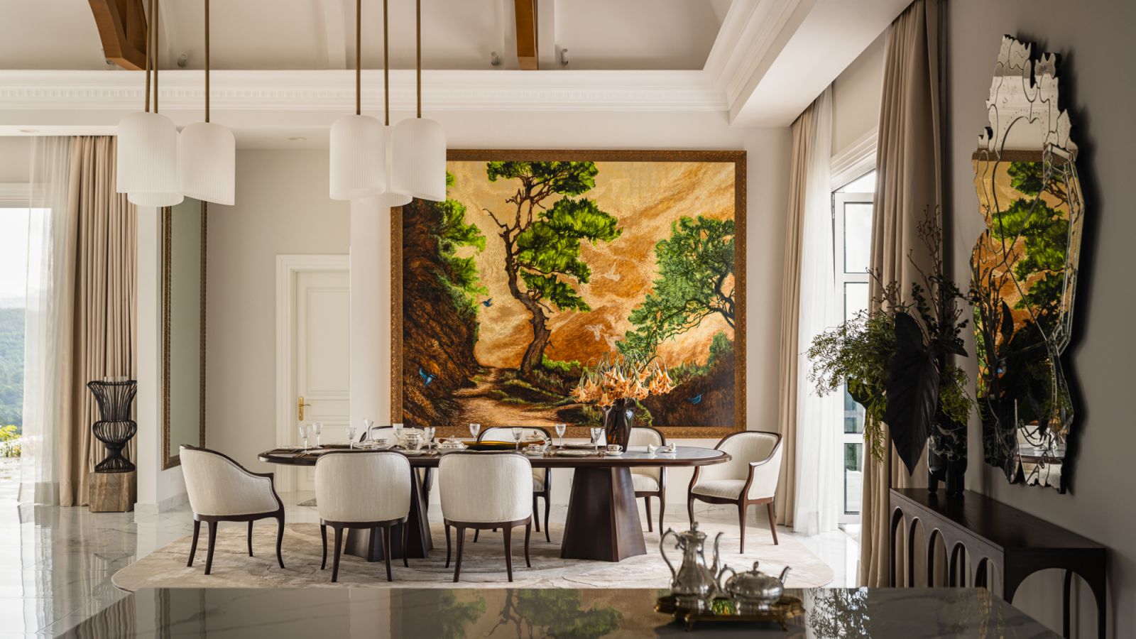 The dining area exemplifies elegant grandeur through its majestic arched barrel ceiling
