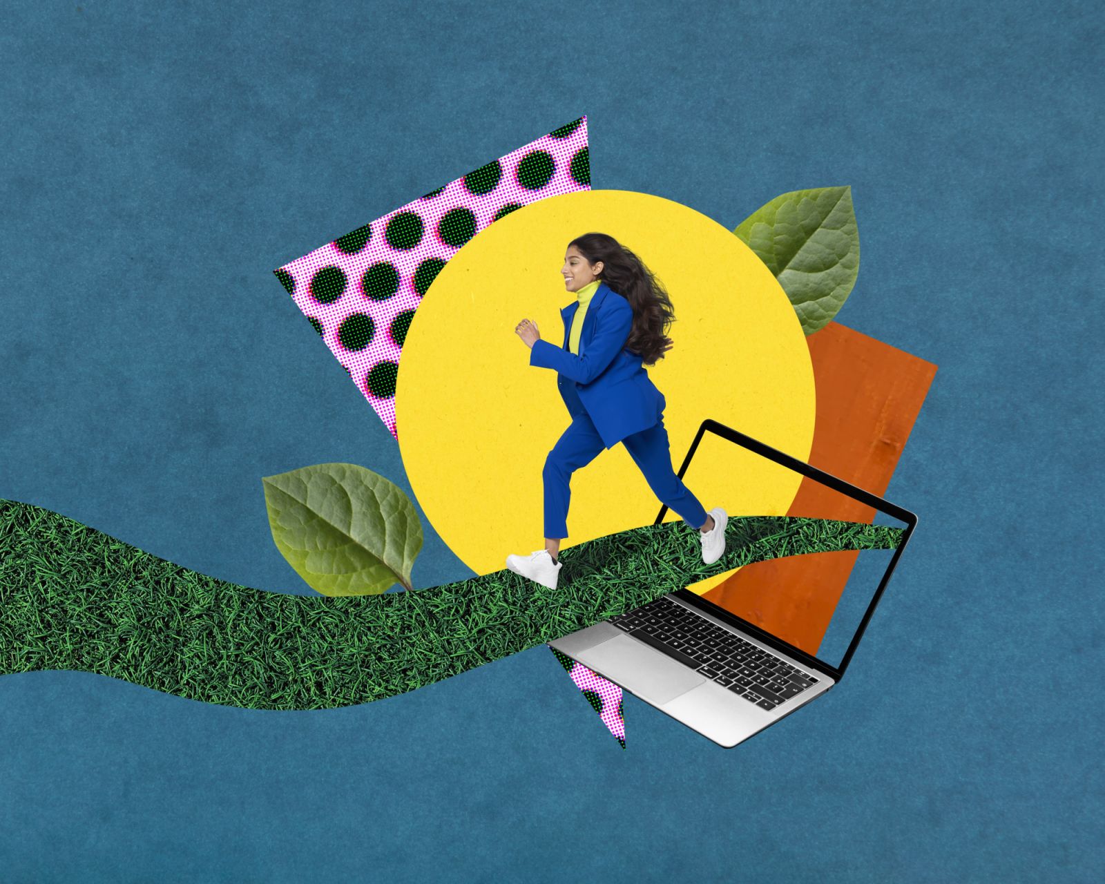 Young business woman running along a grass pathway surrounded by colourful abstract shapes on a blue background