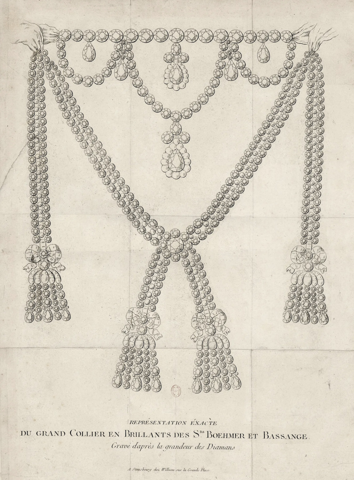Exact representation of Boehmer and Bassenge diamond necklace. Etching print, Charles-Auguste Boehmer et Paul Bassenge, jewellers; William, editor. Strasbourg, 1786. Bibliotheque Nationale de France. (ภาพ: Wikimedia Commons)