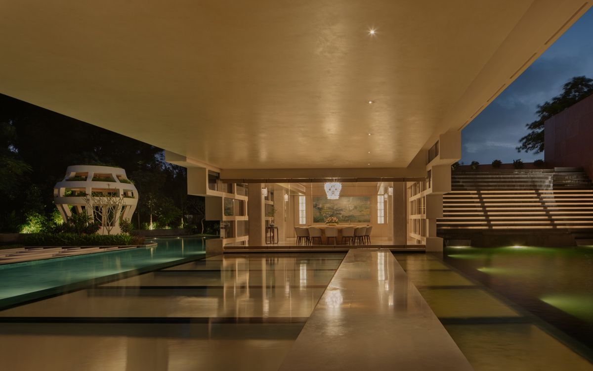 The evening view of the dining room and its golden surroundings