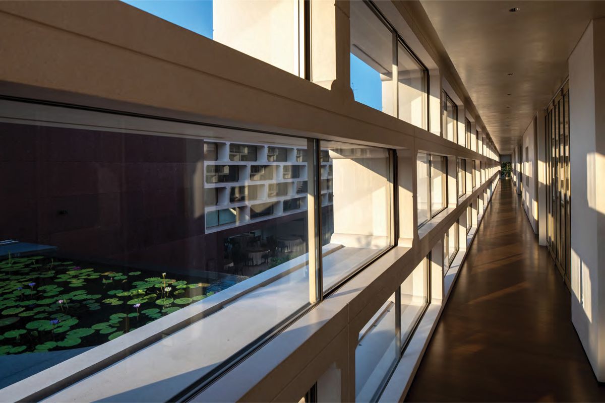 The passageway to the bedrooms with views to the water features