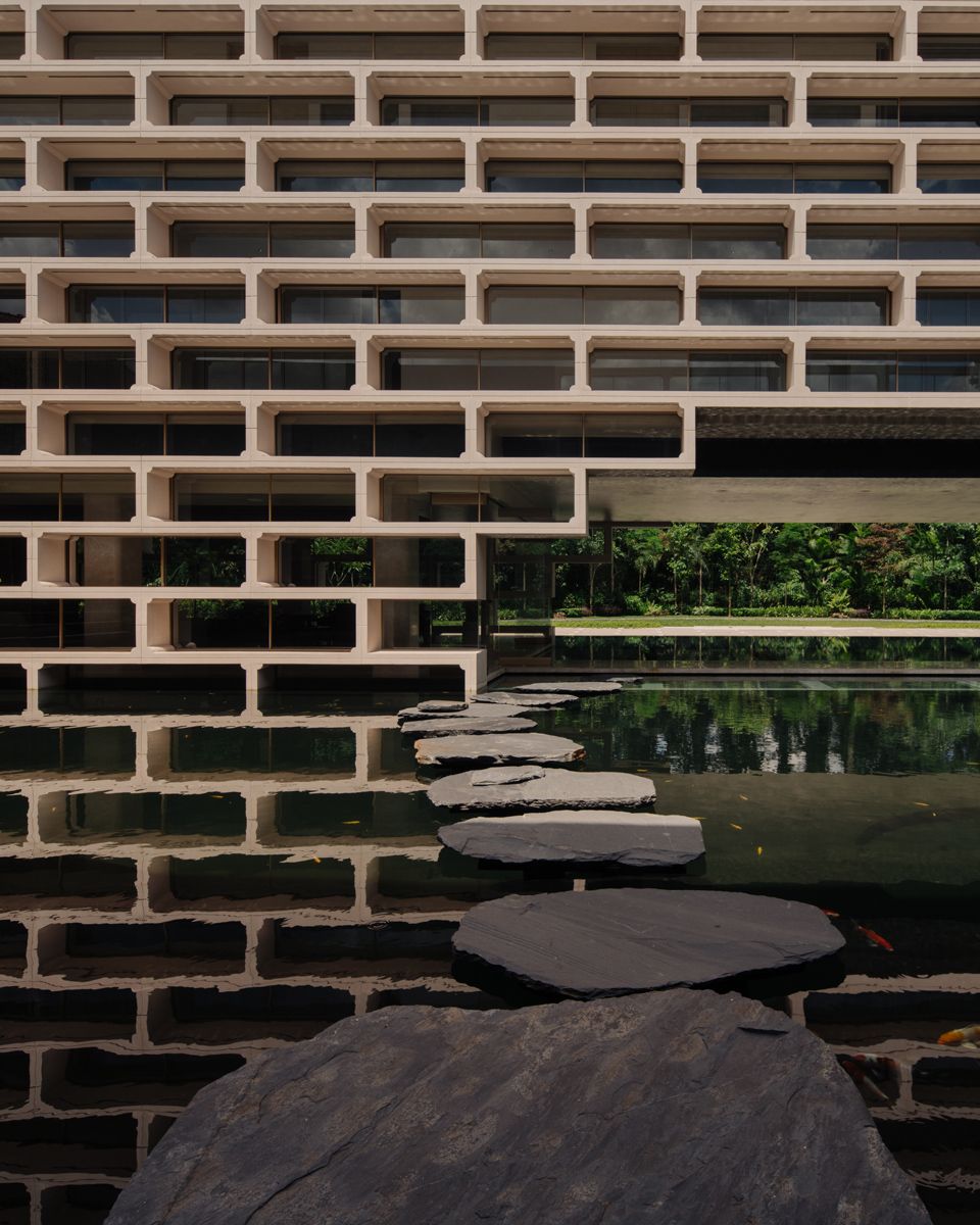 The stepping stones that serve as an access to the bridge from the banquet hall