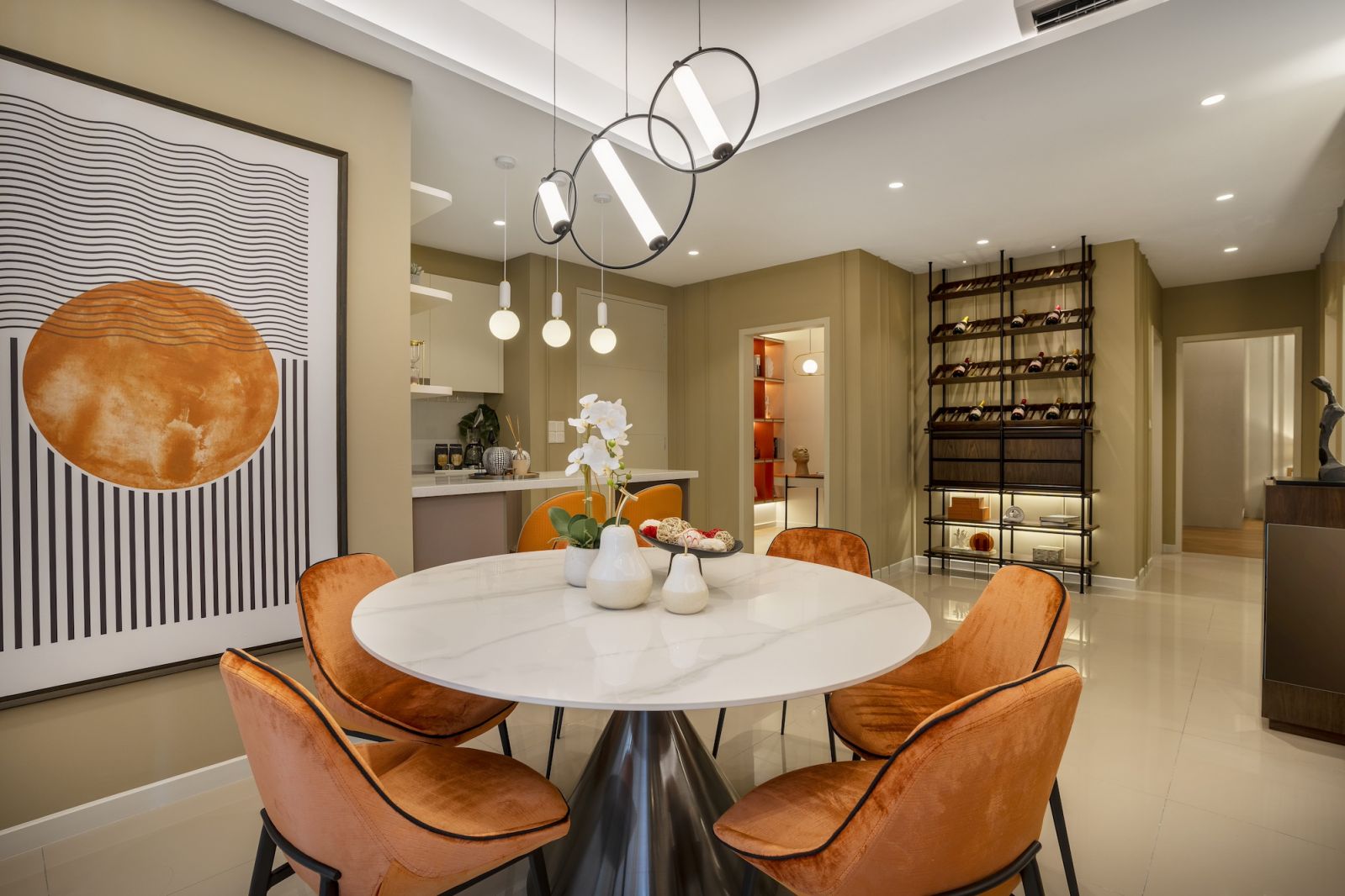 The geometric artwork reinforces the design’s commitment to clean lines and sophisticated detailing throughout the space