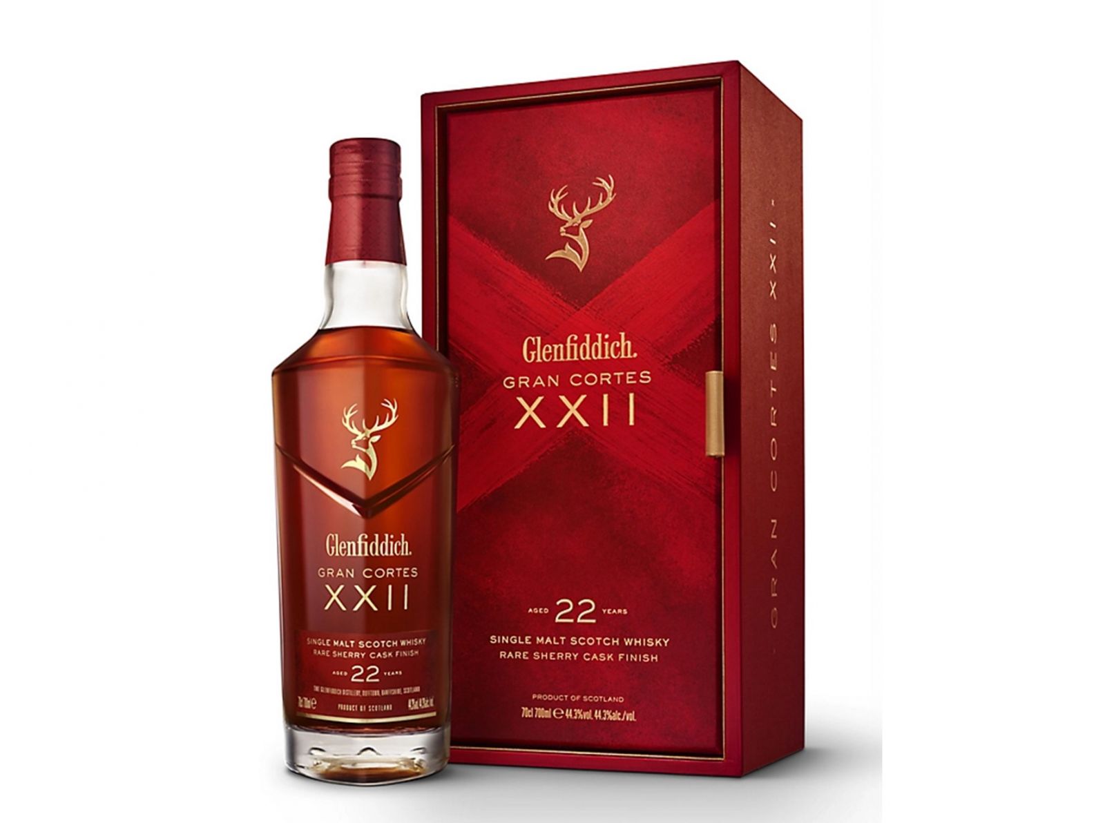 The Glenfiddich Gran Cortes 22 year old is finished in rare Palo Cortado sherry casks and housed in a striking crimson case