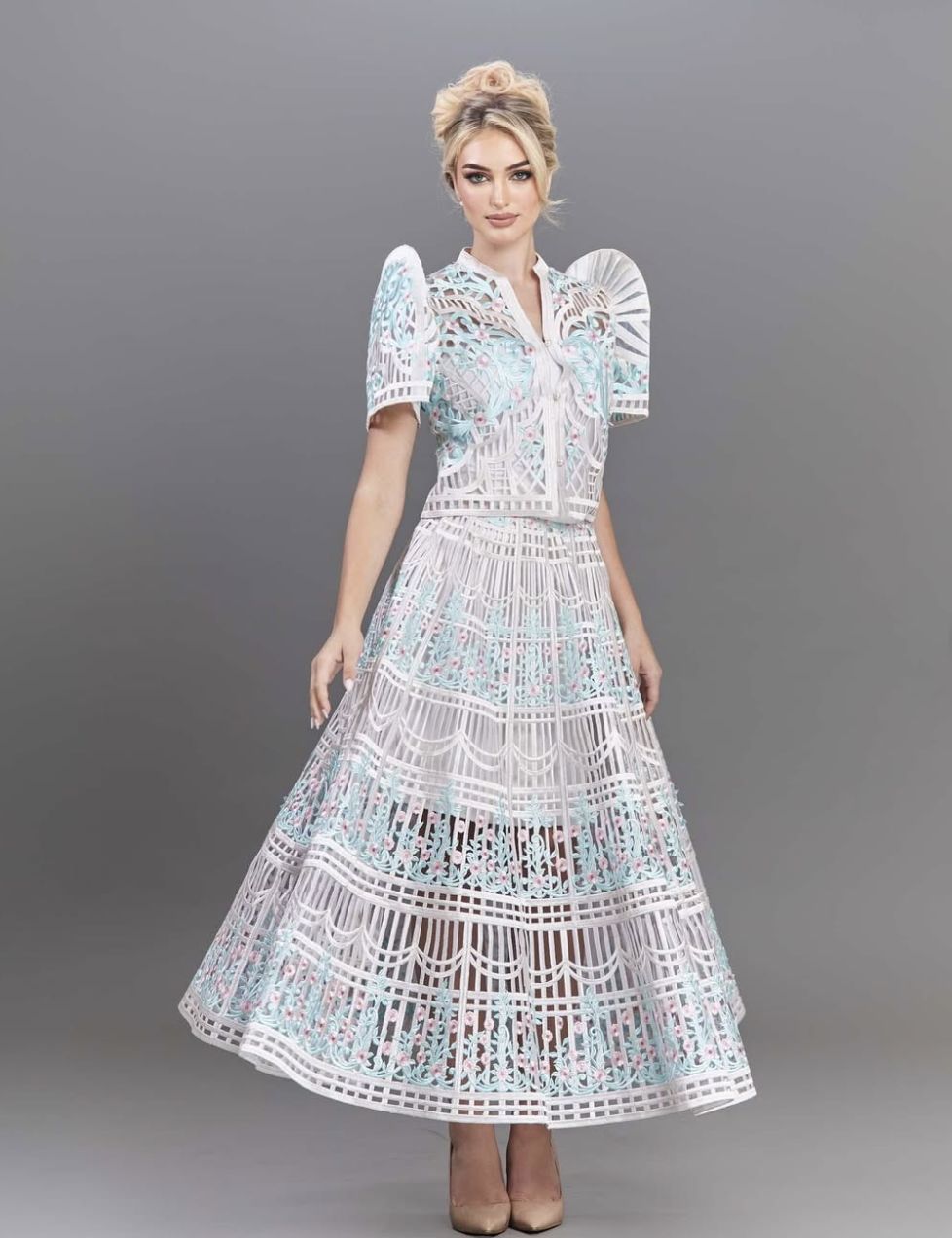Miss Earth 2023 Drita Ziri wears a fully embroidered Filipiniana terno by Berches (Photo: Instagram / @berches_barong)