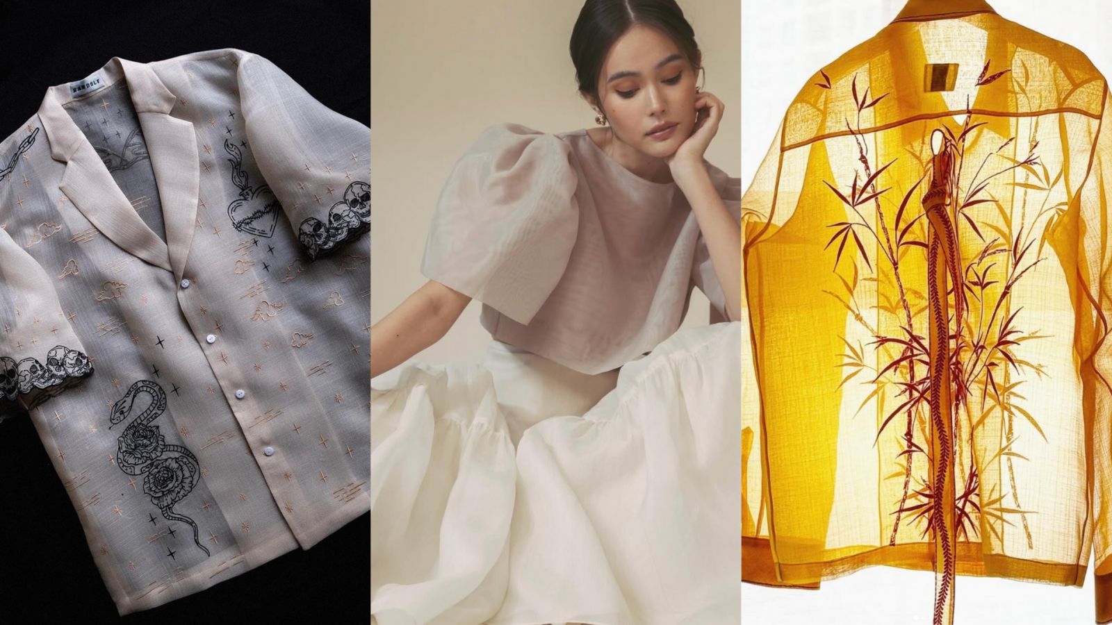 These brands and designers offer modern, ready-to-wear Filipiniana clothing just in time for Independence Day (Photo: stylised with Canva; Instagram / @randolfclothing, @studiovaniaromoff, @kelvinmmorales)