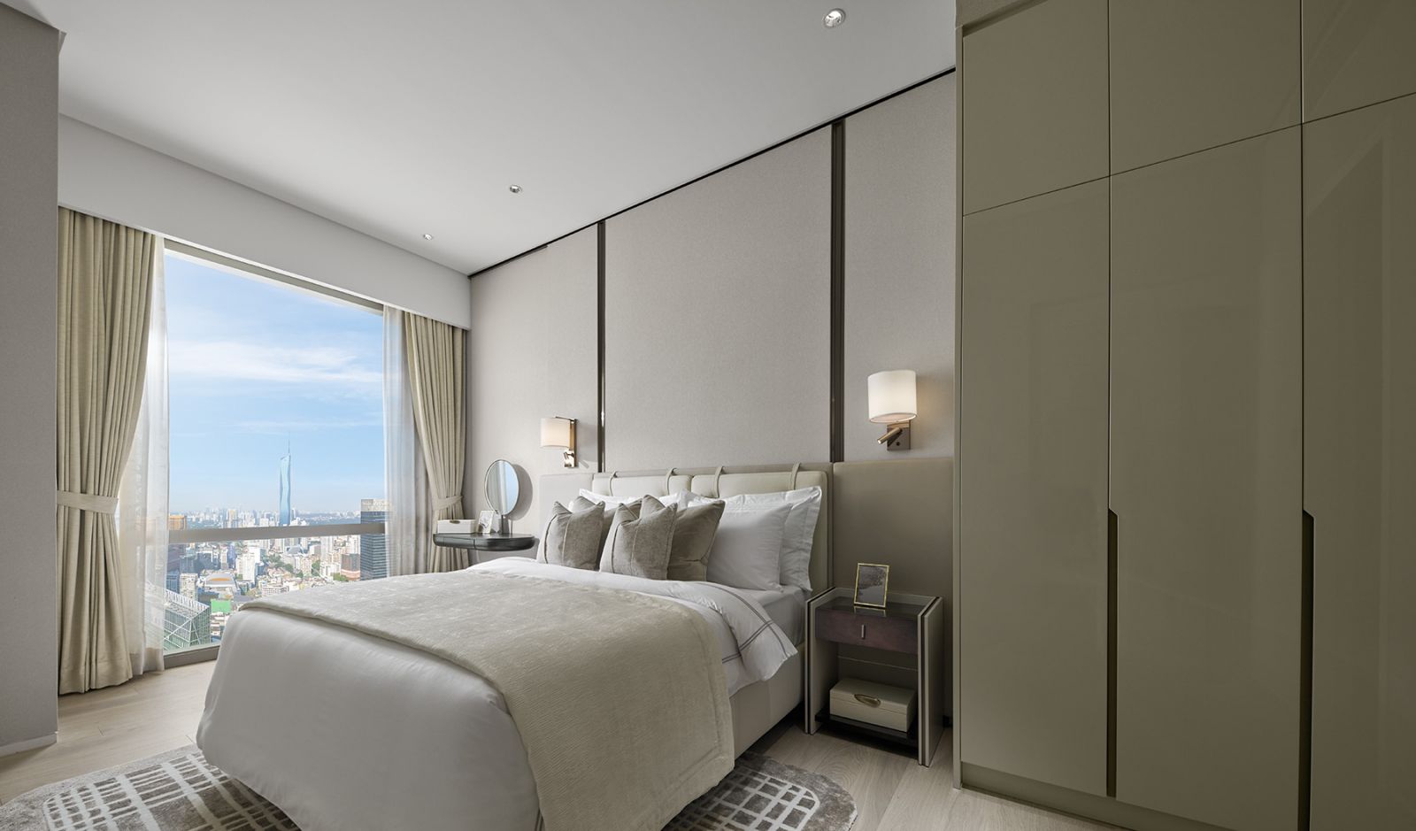 Strategic furniture placement and built-in storage maximise the bedroom’s functionality while preserving the apartment's overall spatial flow