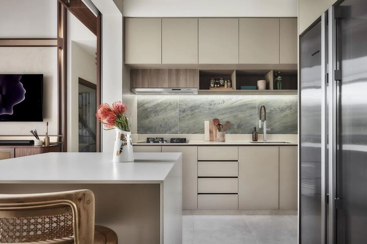 A creamy, neutral palette turns the kitchen into a cosy hangout zone