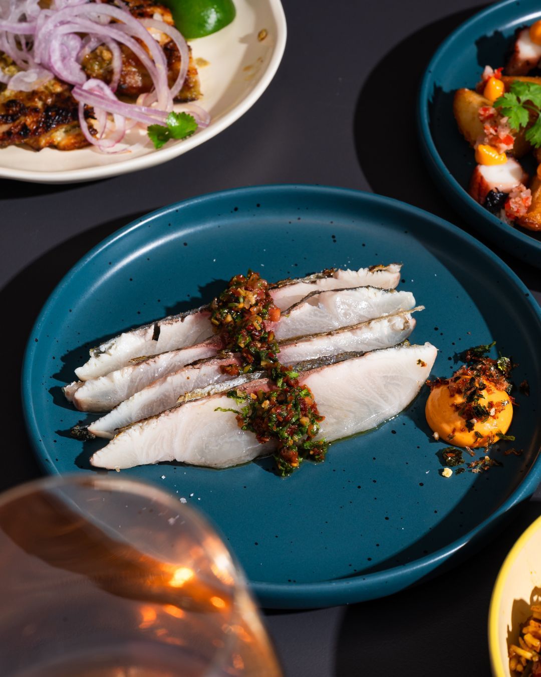 Shima-Aji Tataki with a Sauce Vierge and Kimchi emulsion (Image: @esca.kl)