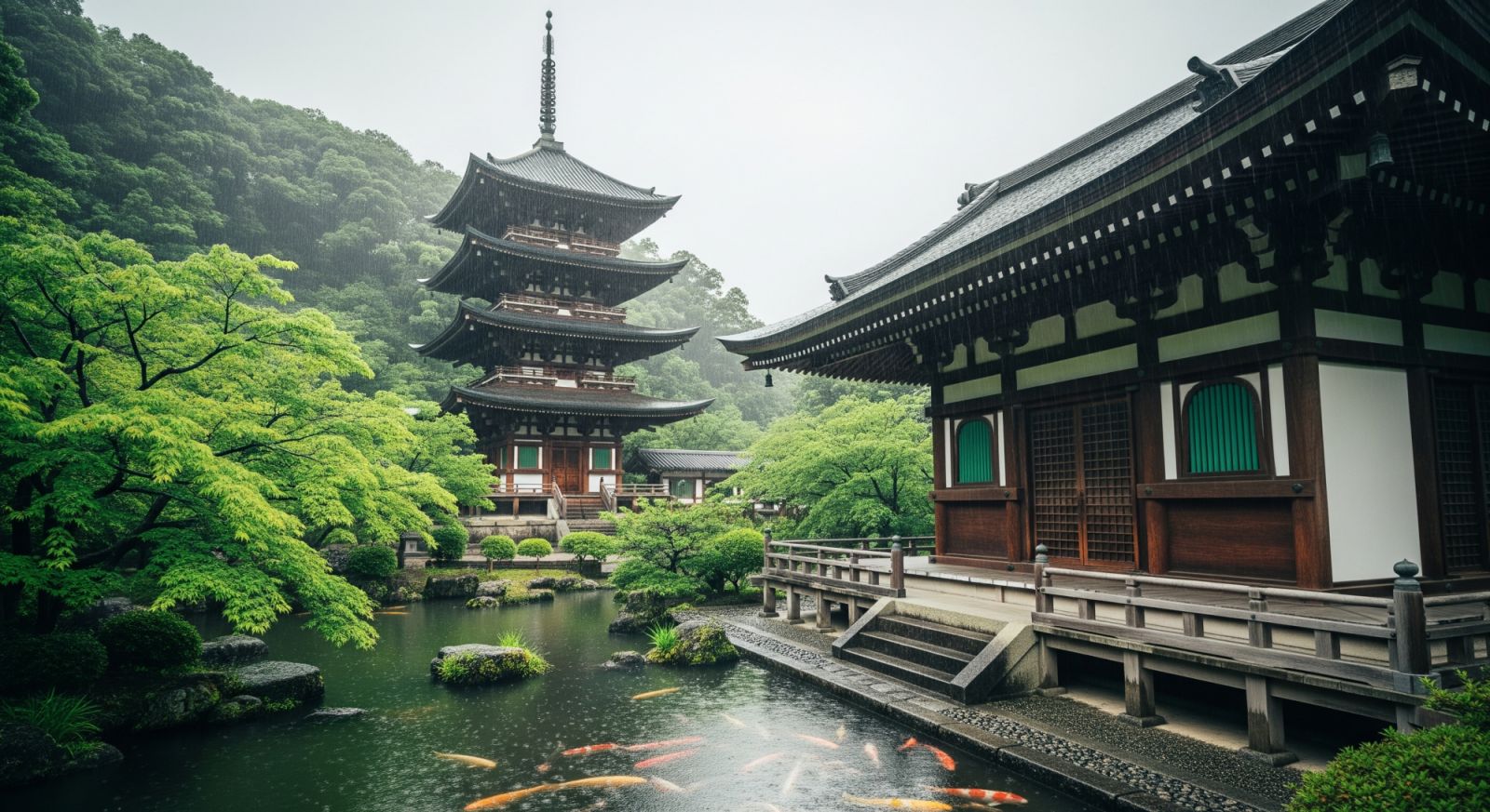 บรรยากาศเมืองเกียวโต ประเทศญี่ปุ่น ในวันฝนพรำ (ภาพ: AI-generated image)