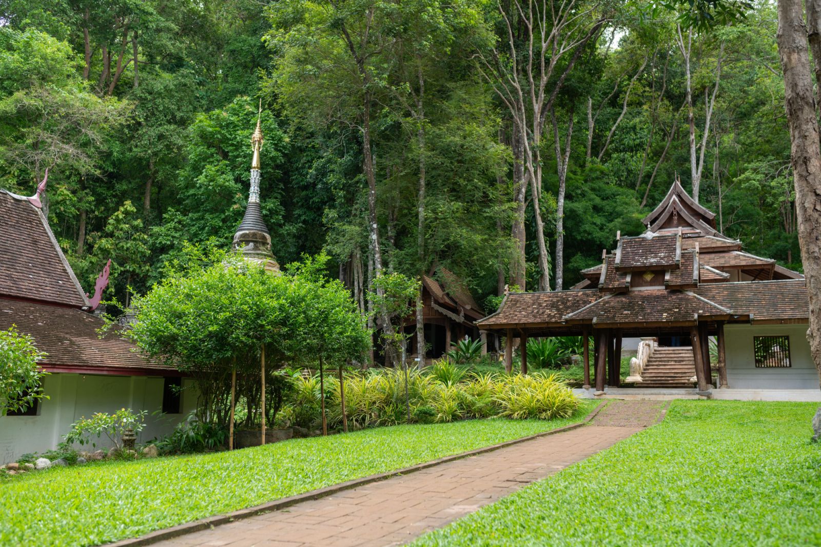 ‘วัดสกทาคามี’ หรือวัดผาลาด สร้างขึ้นในสมัยพระครูบาศรีวิชัย (ประมาณ พ.ศ. 2465) โดดเด่นด้วยสถาปัตยกรรมแบบล้านนาผสมพม่า ในฤดูฝน วัดแห่งนี้จะยิ่งดูมีชีวิตชีวาและงดงามราวกับดินแดนลับแล (ภาพ: sutiporn somnam / Getty Images)