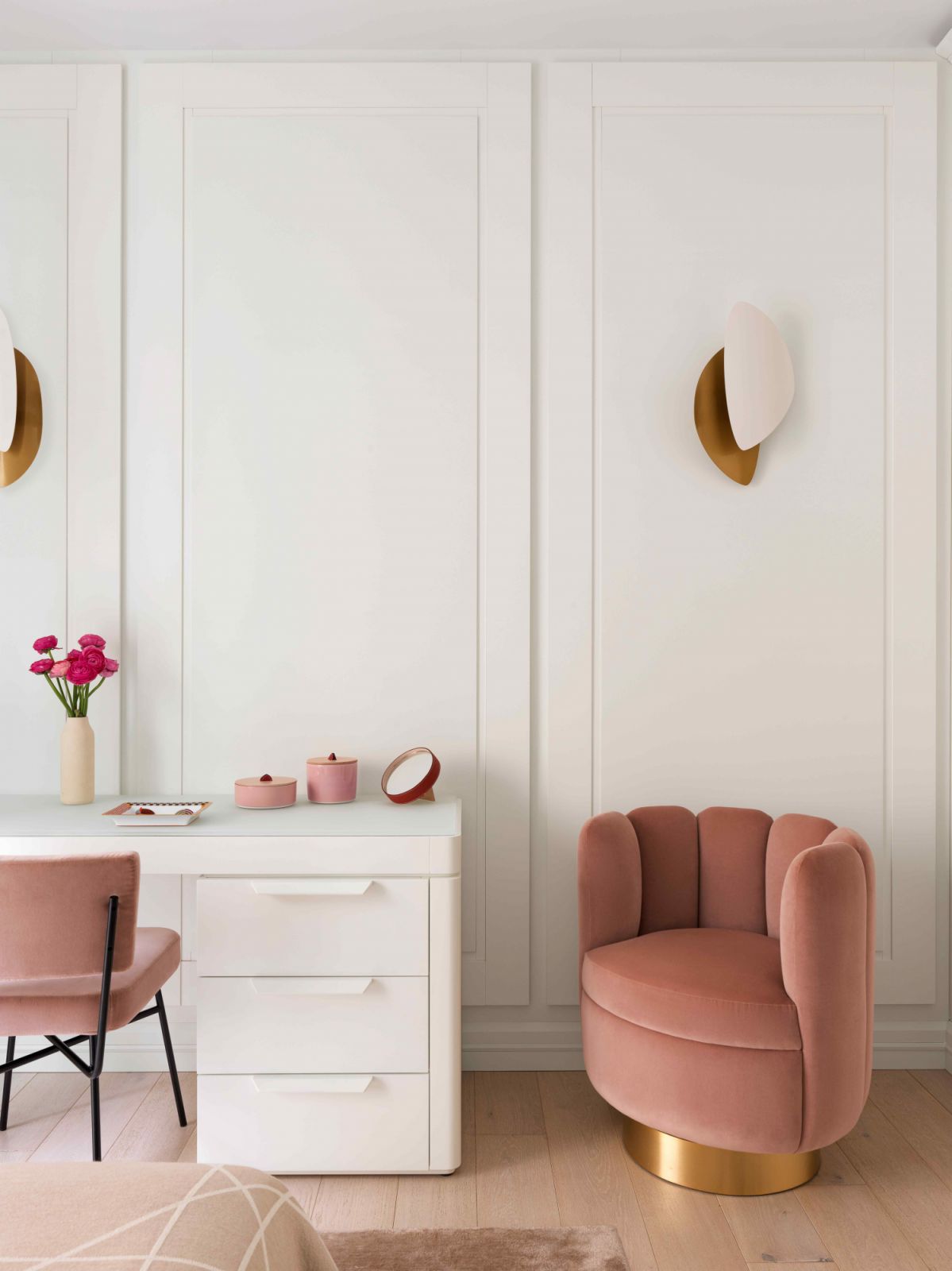 One of the children’s bedrooms in soft shades of powder pink
