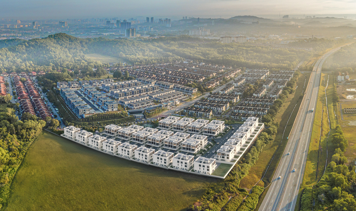Aerial view of Bandar Bukit Puchong, with Erica Residence seamlessly integrated into the established 1,390-acre township. The image illustrates the scale of the development and its connection to natural greenery, surrounding neighbourhoods and major road networks.
