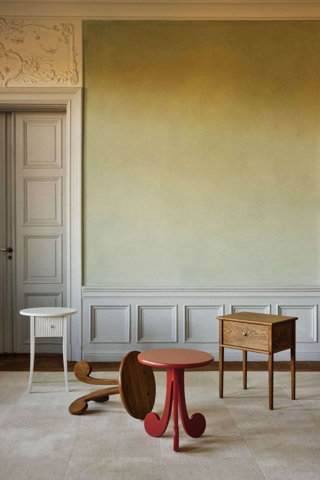 The off-white delicate Carla, red and brown playful Franca and classic wood Luca bedside tables, the first furniture collection from Mille Notti by Eva Schildt