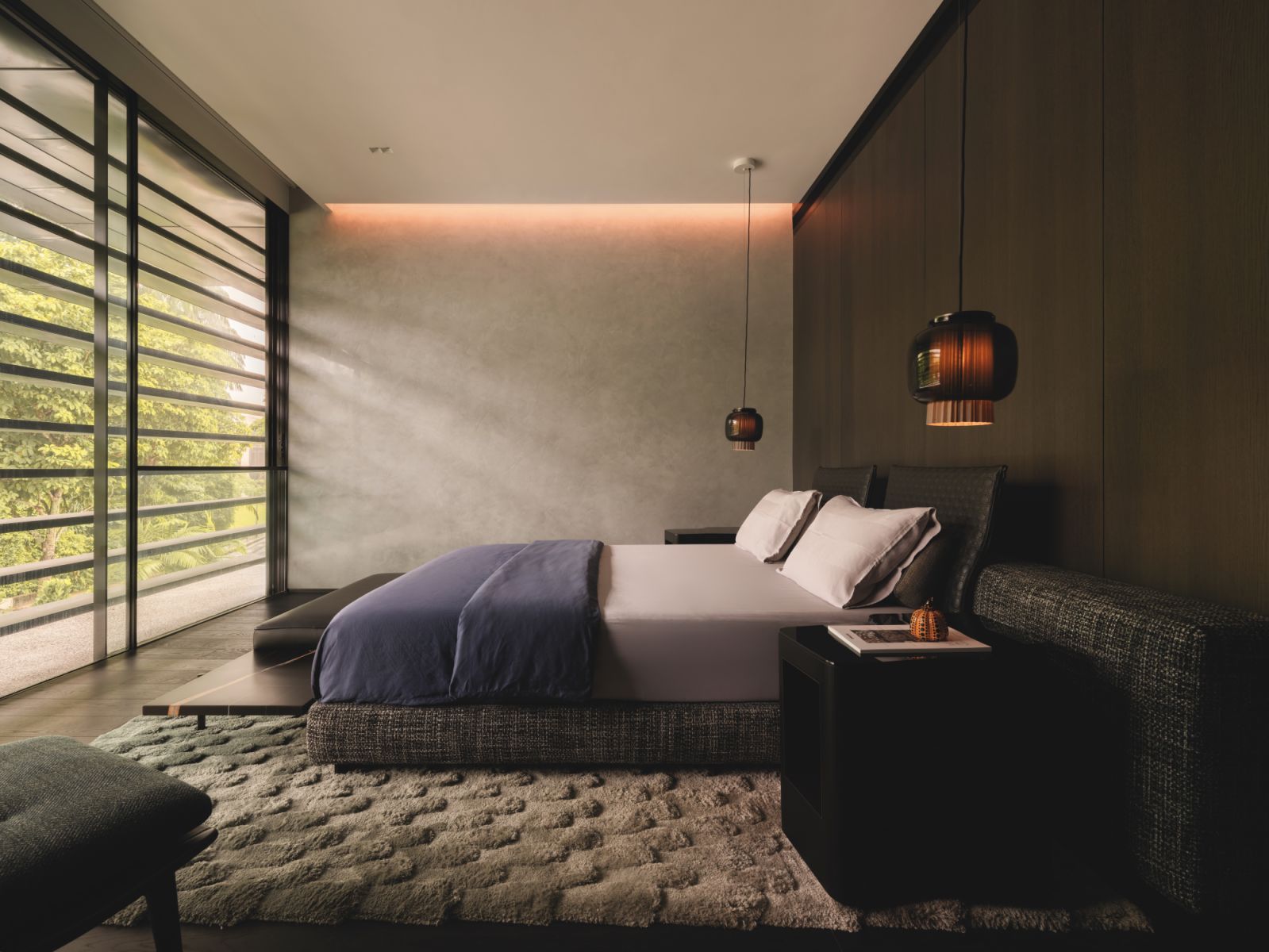 A textural material palette creates a restful ambience