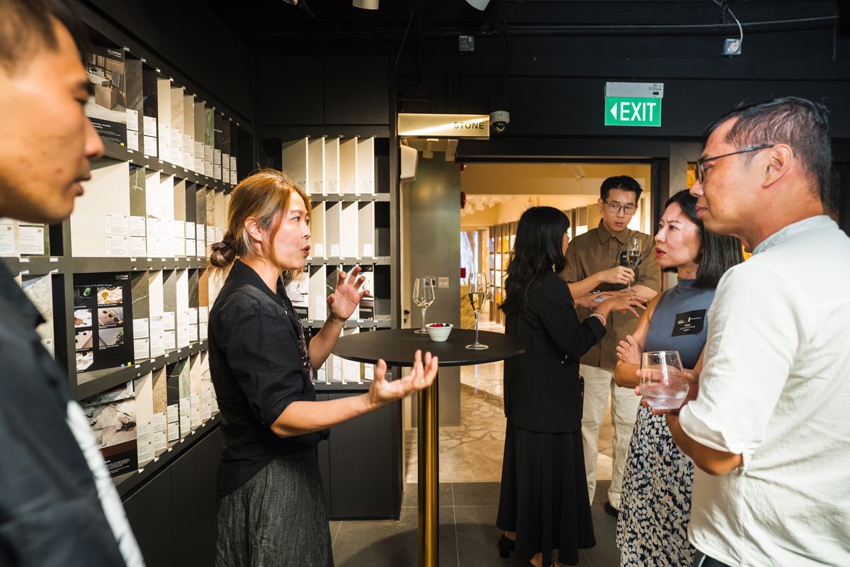 Guests learning more about Florim at the Stone Gallery at Hafary House