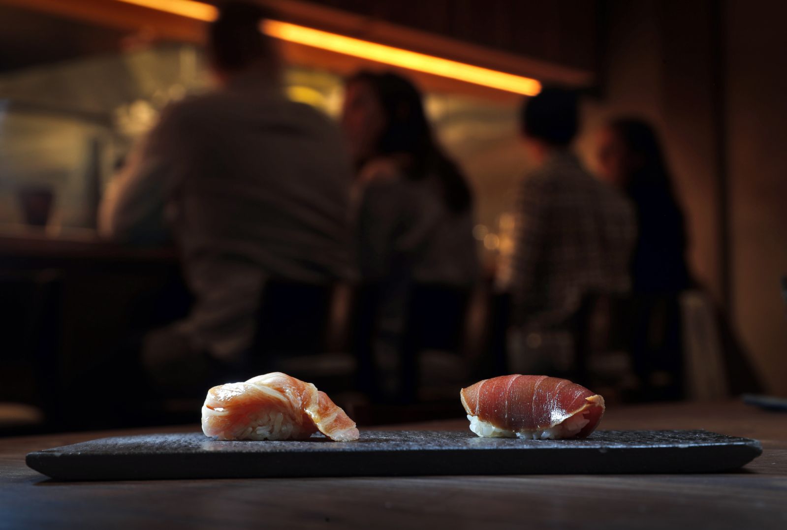 Pieces of Zuke Chu-Toro, left, and Akami served at Ijji sushi restaurant in San Francisco, Calif., on Wednesday, July 26, 2017. Ijji features an Omakase, or chef tasting service. (Photo By Carlos Avila Gonzalez/The San Francisco Chronicle via Getty Images)