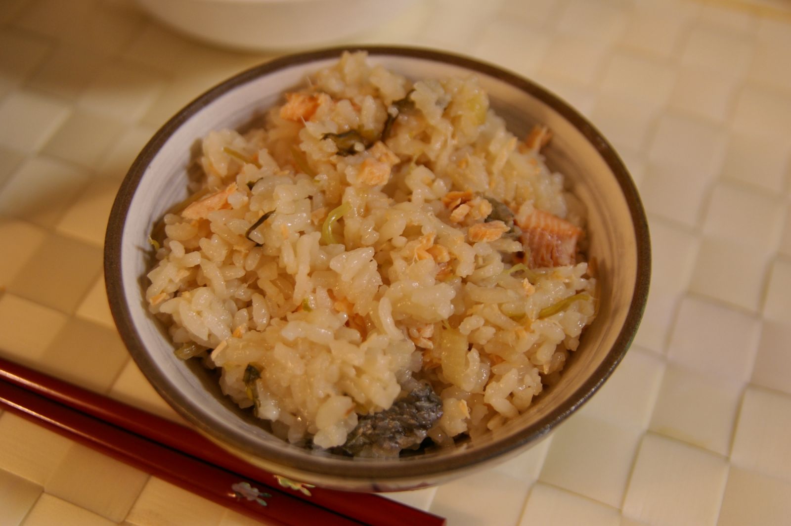 Japanese rice with mushroom and salmon