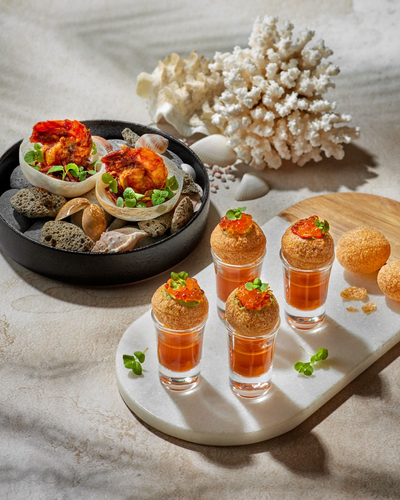 Mini Appam Prawn & Dahi Puri Shooters (Photo: Coast by Kayra)