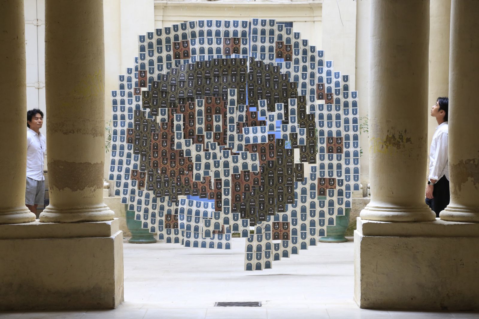 From a new vantage point, WTA's chocolate wrapper installation at the Festival des Architectures Vives 2025 in Montpellier, France, looks like a two-euro coin